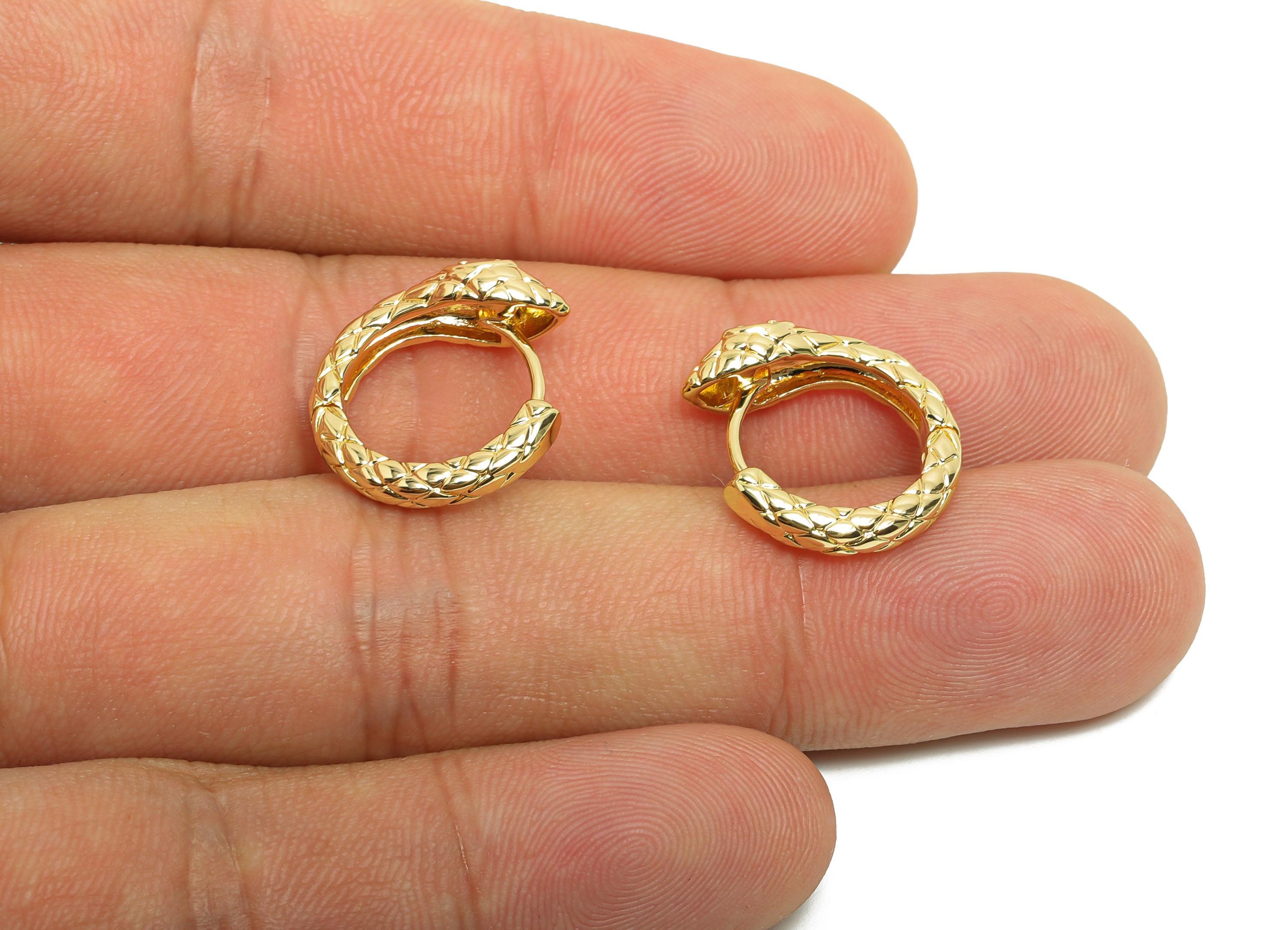 Brass Hoop Earring - Brass Huggie Hoop Earring - Zircon Snake Textured Hoop Earring - Gold Jewelry - 18K Real Gold Plated -18x17x6mm-RGP8410 - DOMEDBAZAAR