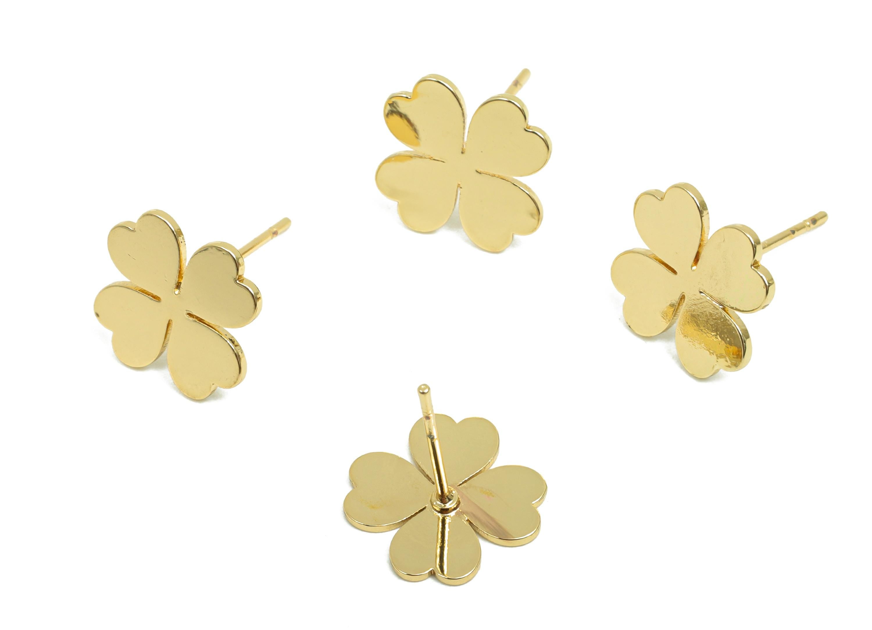 Brass Flower Earring Stud - Four Leaf Clover Earring for Girl's - Gold Heart Earring Post - 18K Real Gold Plating - 13.1x11.9x0.7mm- RGP8414 - DOMEDBAZAAR