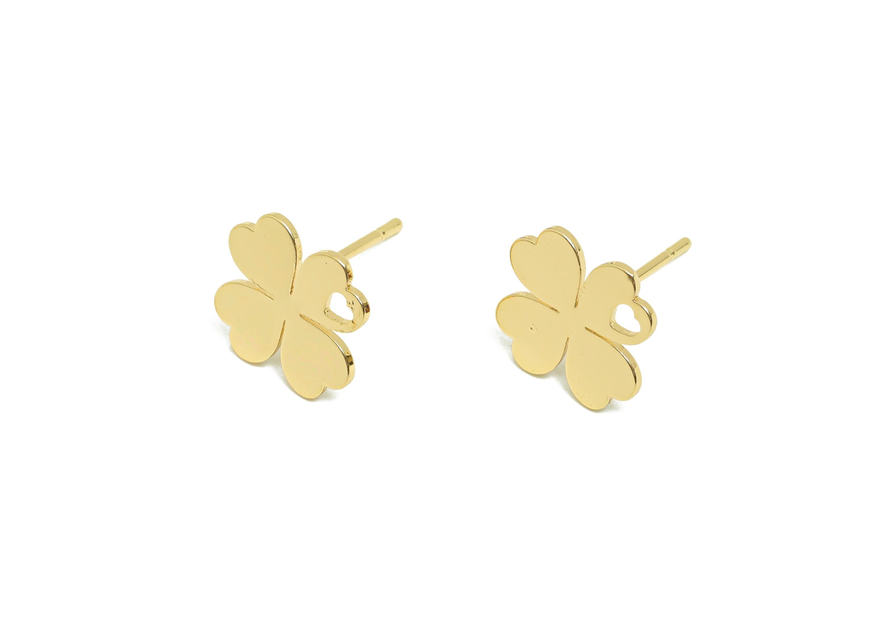 Brass Flower Earring Stud - Four Leaf Clover Earring for Girl's - Gold Heart Earring Post - 18K Real Gold Plating - 13.1x11x0.7mm - RGP8415 - DOMEDBAZAAR