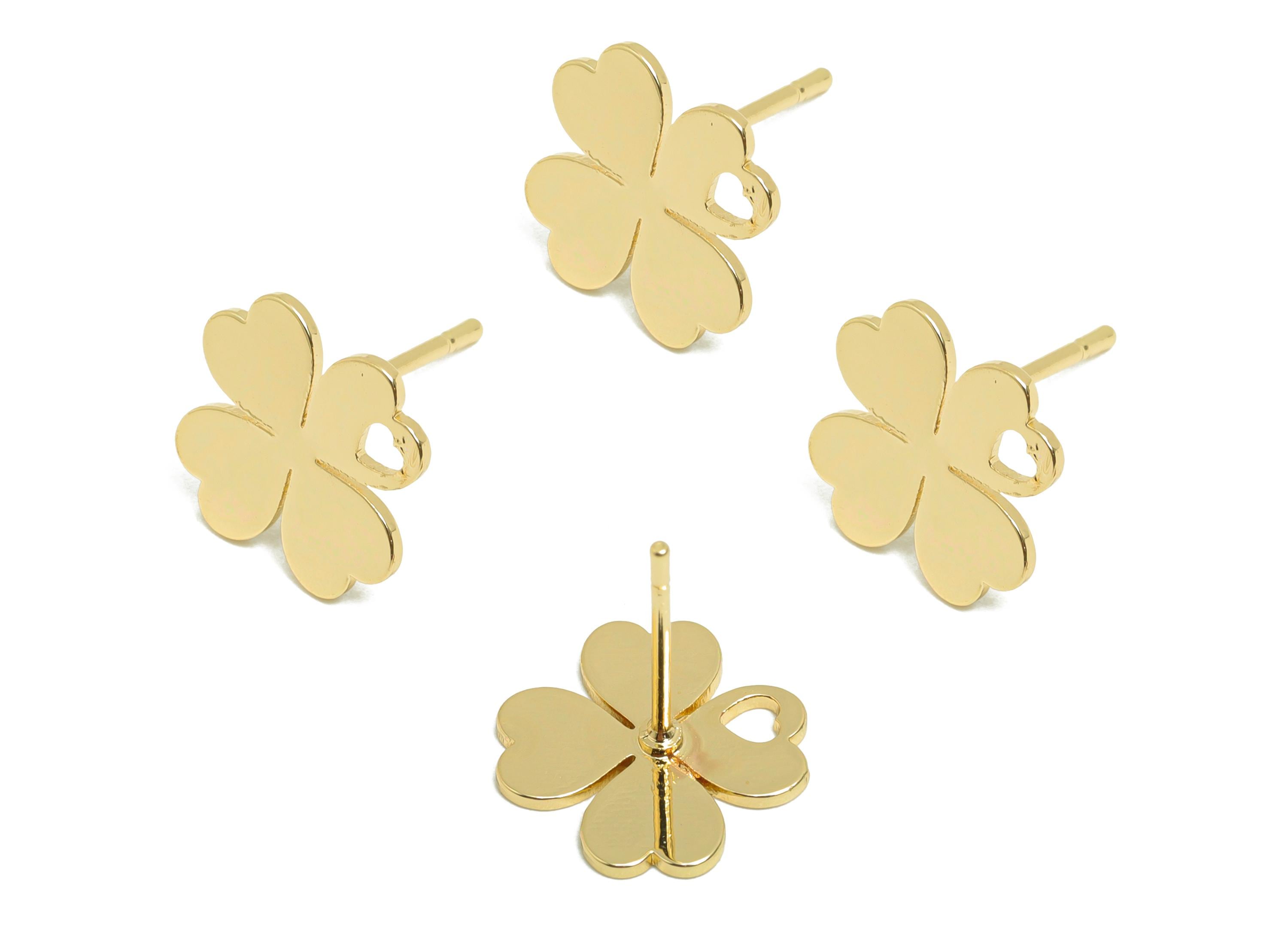 Brass Flower Earring Stud - Four Leaf Clover Earring for Girl's - Gold Heart Earring Post - 18K Real Gold Plating - 13.1x11x0.7mm - RGP8415 - DOMEDBAZAAR