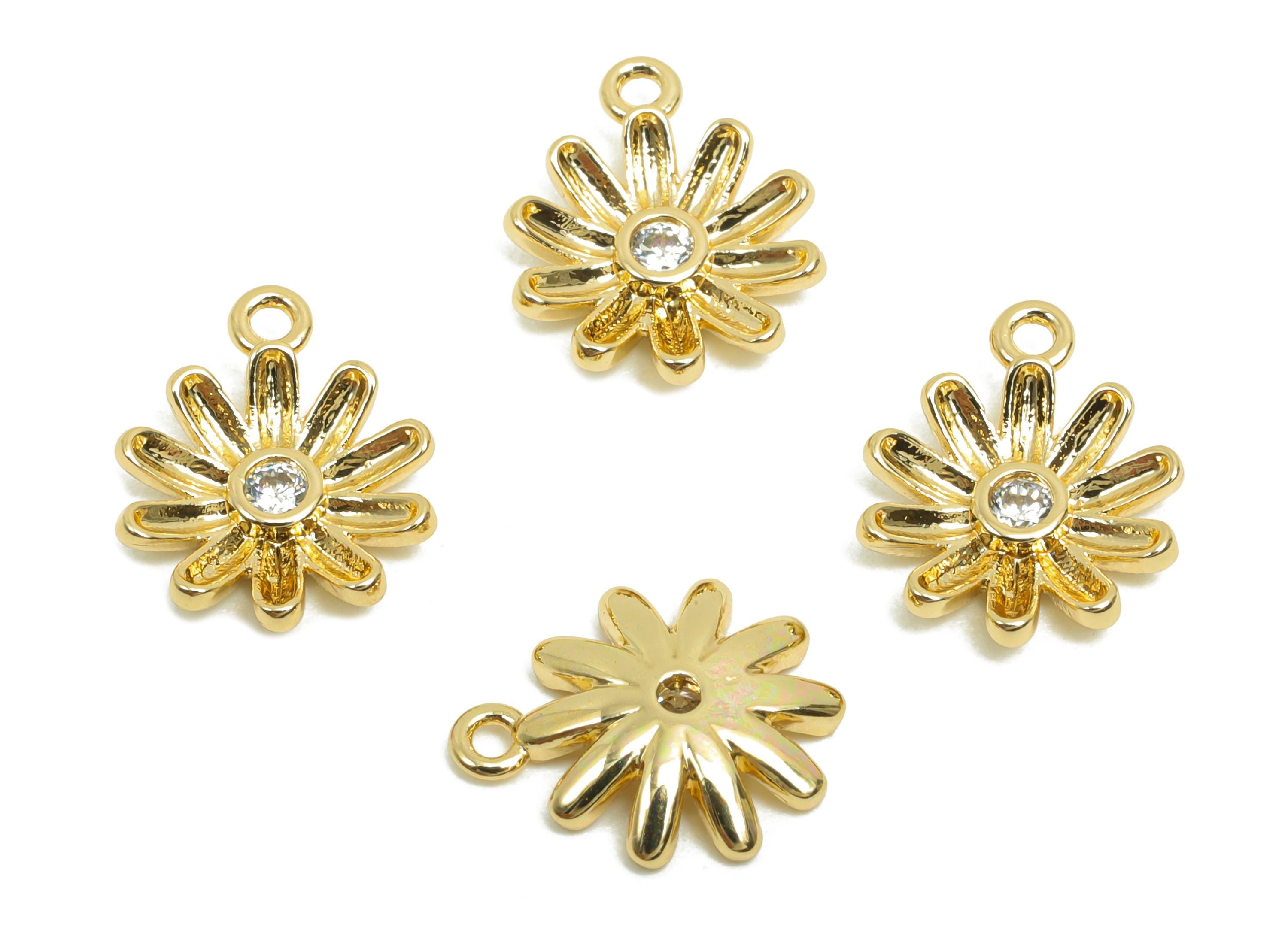 Brass Daisy Earring Charm - Gold Textured Flower Charm for Bracelet - Zircon Flower Pendant - 18K Real Gold Plated - 11.7x9.9x2.3mm- RGP8421 - DOMEDBAZAAR