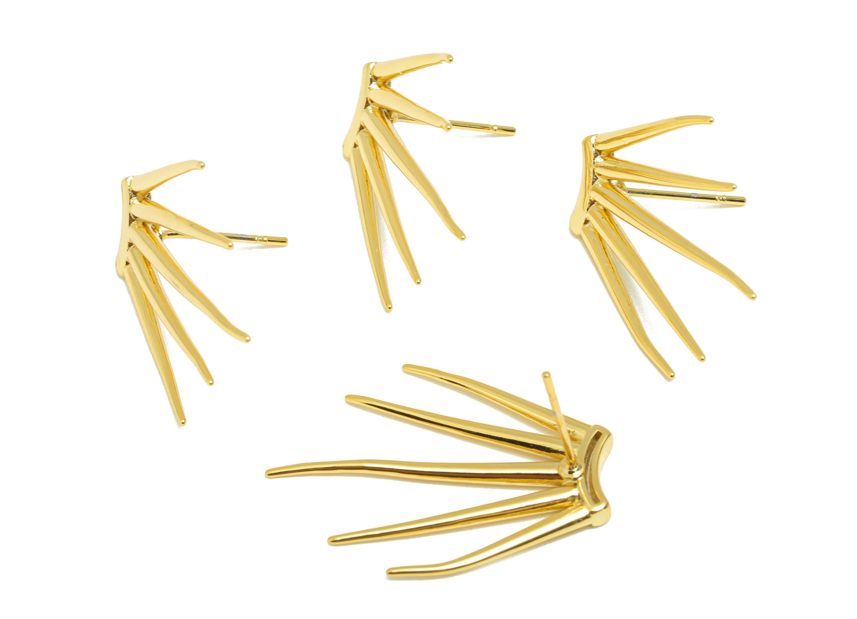 Brass Fringe Earring - Spikes Earring Stud for Women - Gold Minimalist Fringe Earring Post - 18K Real Gold Plating - 28x20.5x2.5mm - RGP8904 - DOMEDBAZAAR