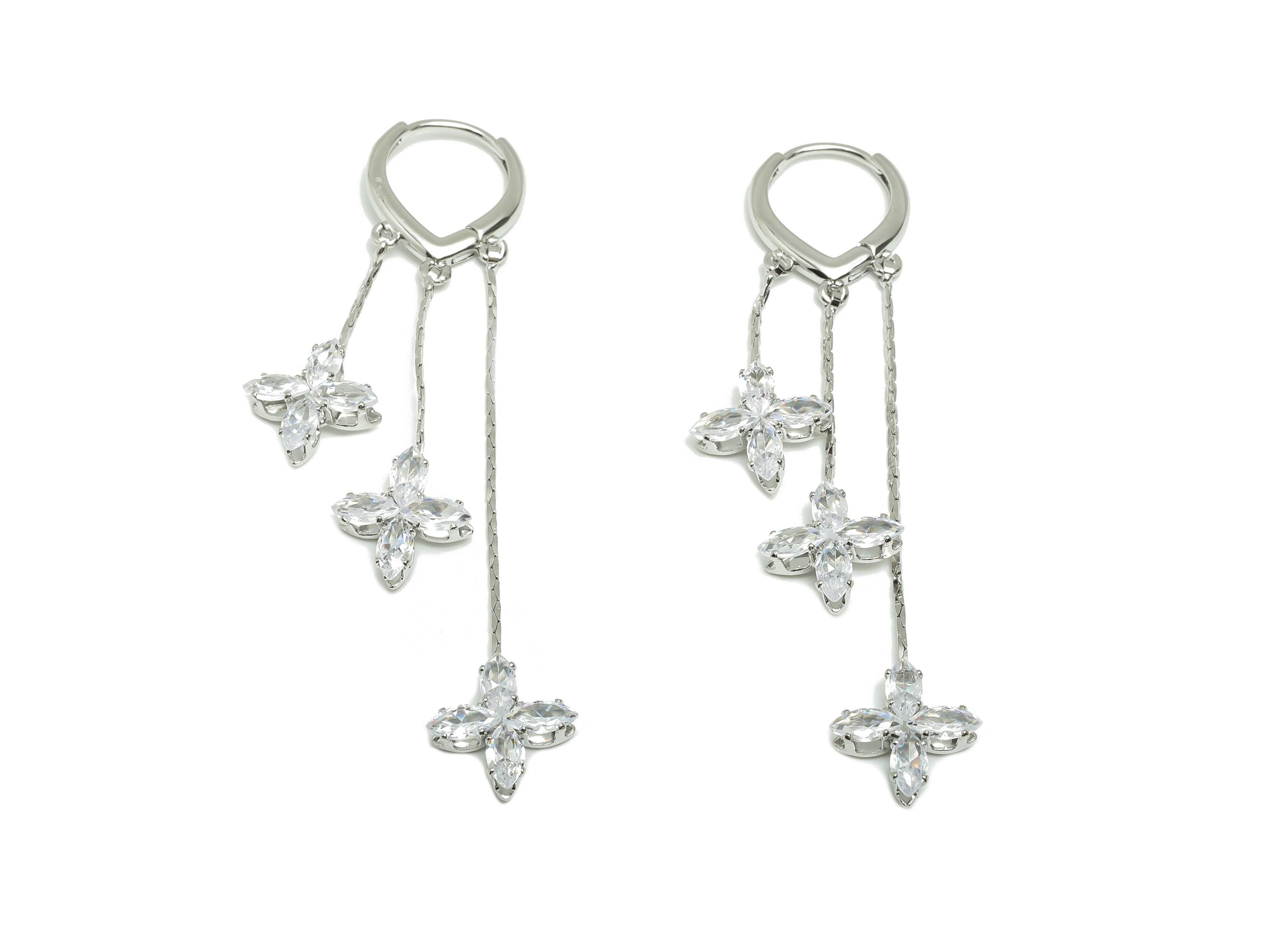 Brass Floral Drop Earring - Brass Zircon Dangle Huggie Earring - Delicate Jewelry - 18k Real White Gold Plated - 68x13x3mm-RGP10235 - DOMEDBAZAAR