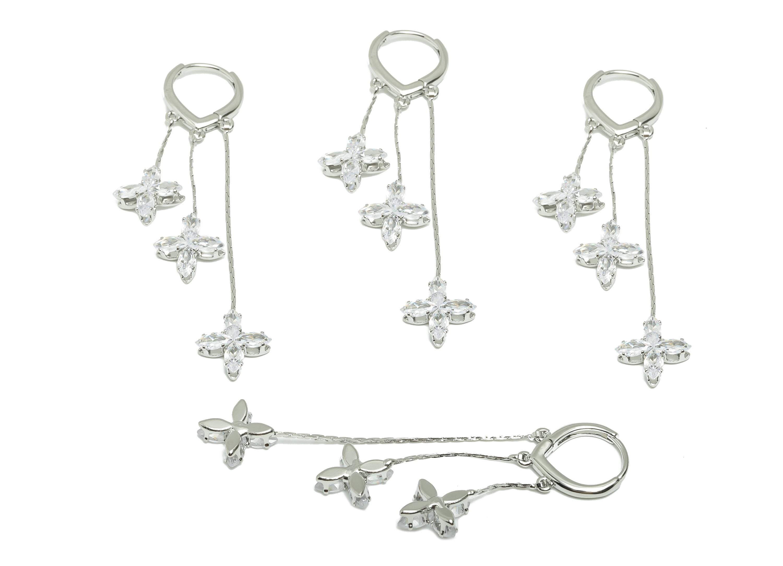 Brass Floral Drop Earring - Brass Zircon Dangle Huggie Earring - Delicate Jewelry - 18k Real White Gold Plated - 68x13x3mm-RGP10235 - DOMEDBAZAAR