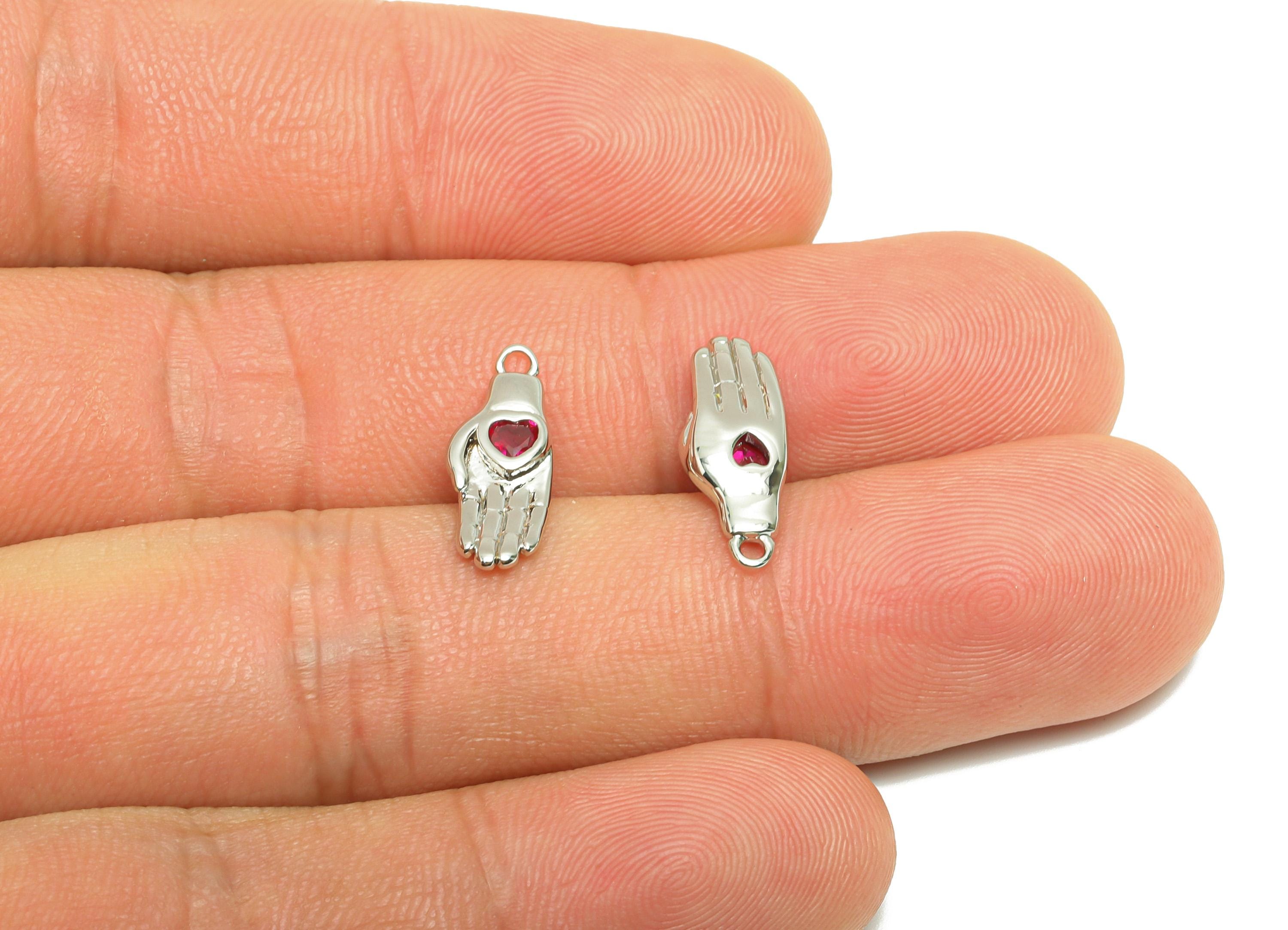 Hand Pendant with Heart - Brass Zircon Gem Earring - Modern Love and Protection Pendant - 18k Real White Gold Plated - 16x6x6mm - RGP10230 - DOMEDBAZAAR