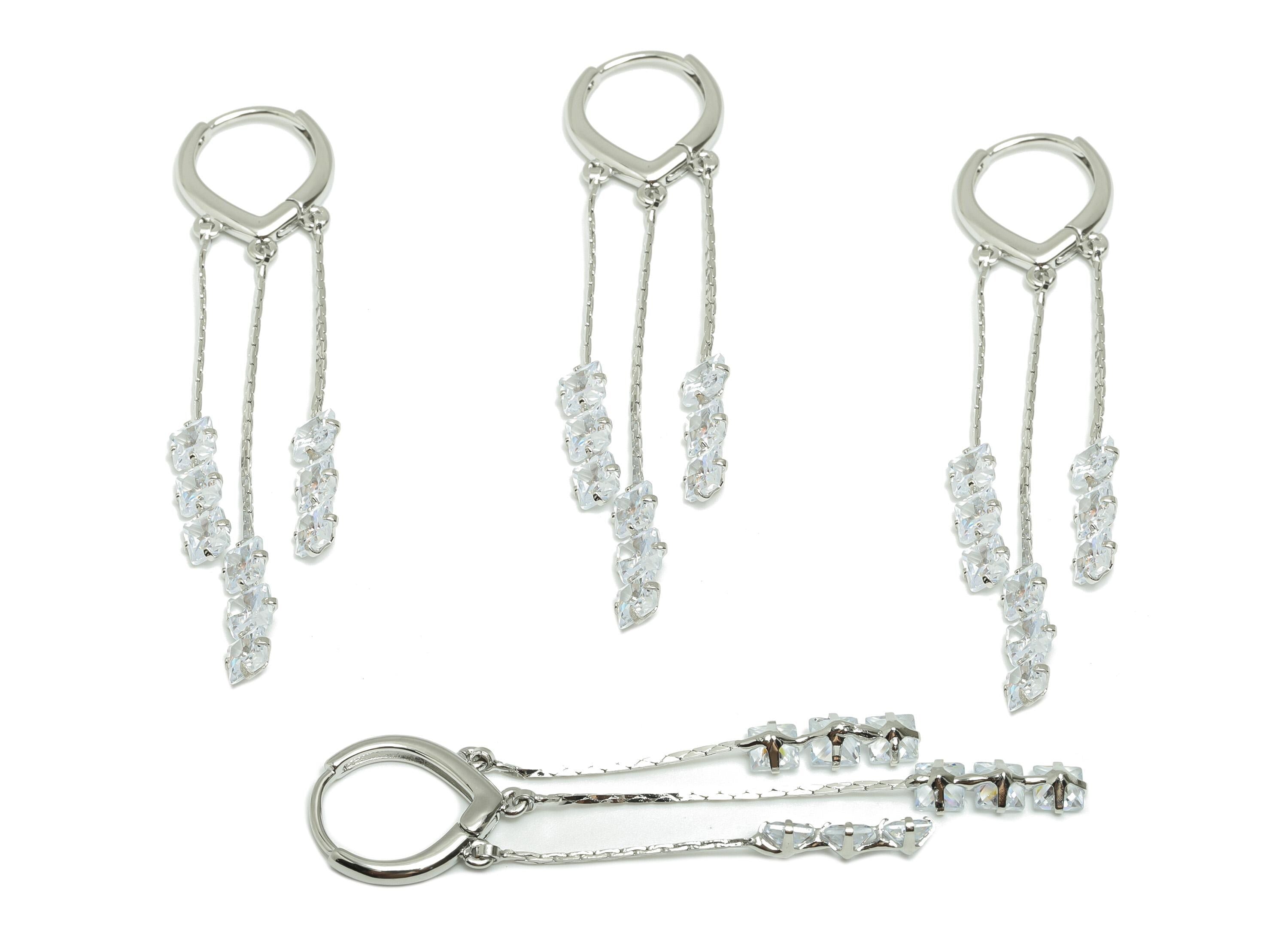 Crystal Dangle Earrings - Brass Zircon Dangle Huggie Earring - Clear Crystal Hanging Hoop - 18k Real White Gold Plated - 62x13x2mm -RGP10237 - DOMEDBAZAAR