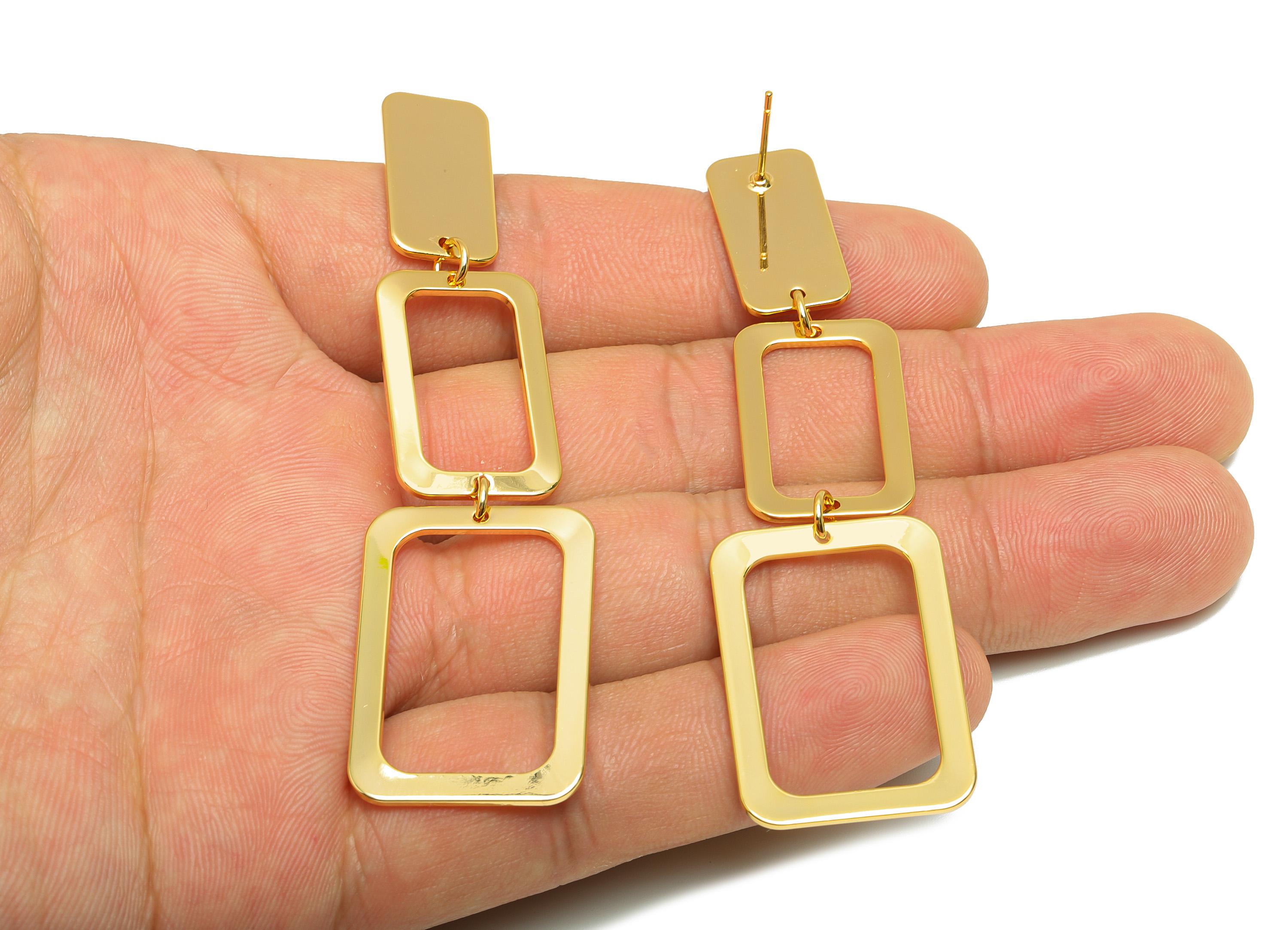 Brass Linked Earring Post - Brass Rectangle Earring Stud - Brass Geometric Drop Earring - 18k Real Gold Plating - 78x20x1mm - RGP10240 - DOMEDBAZAAR