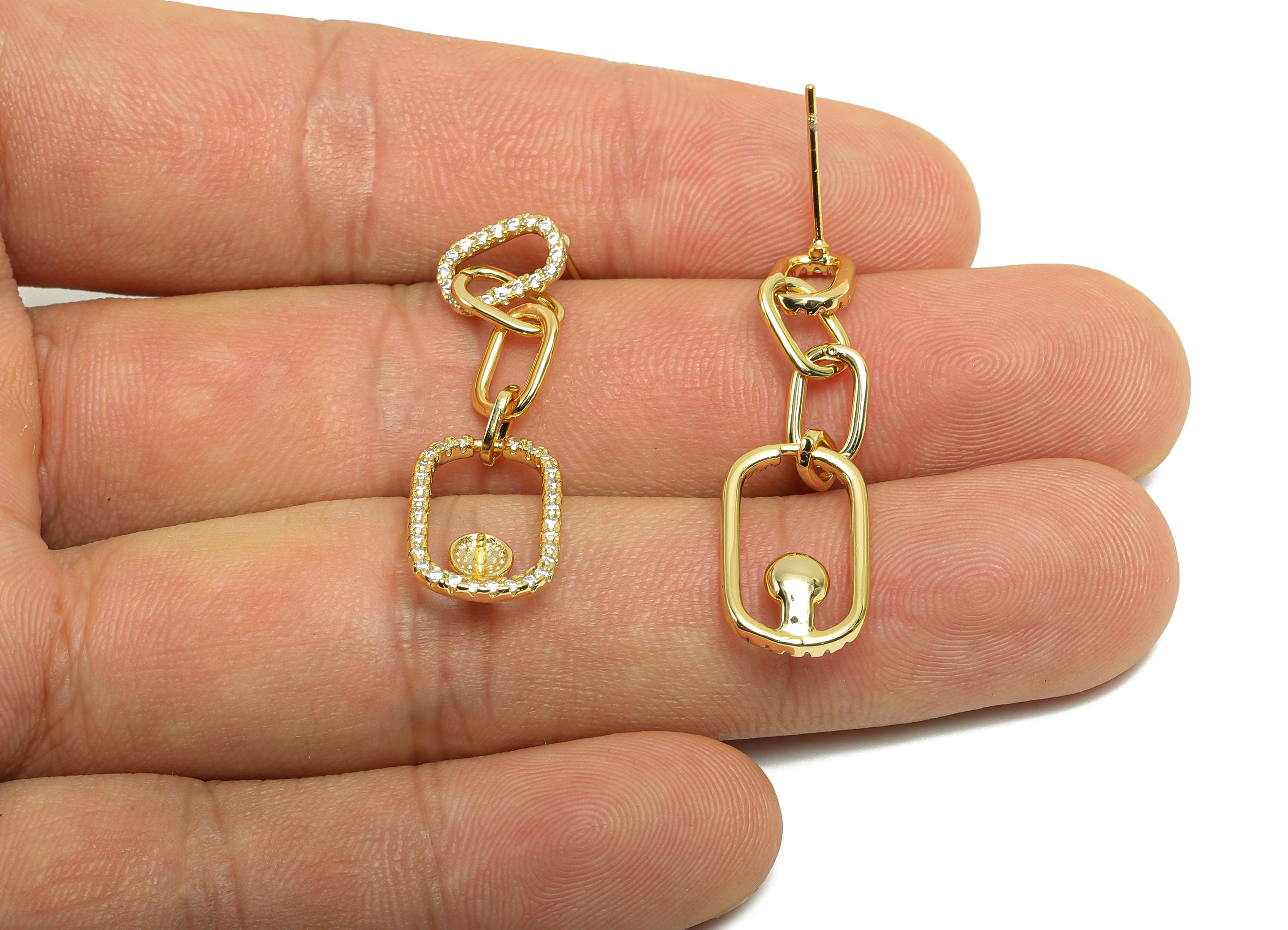 Brass Dangle Earring Setting - Gold Rectangle Chain Earring for Girl's - CZ Dangle Earring - 18K Real Gold Plated - 32x10.2x3.27mm - RGP8444 - DOMEDBAZAAR