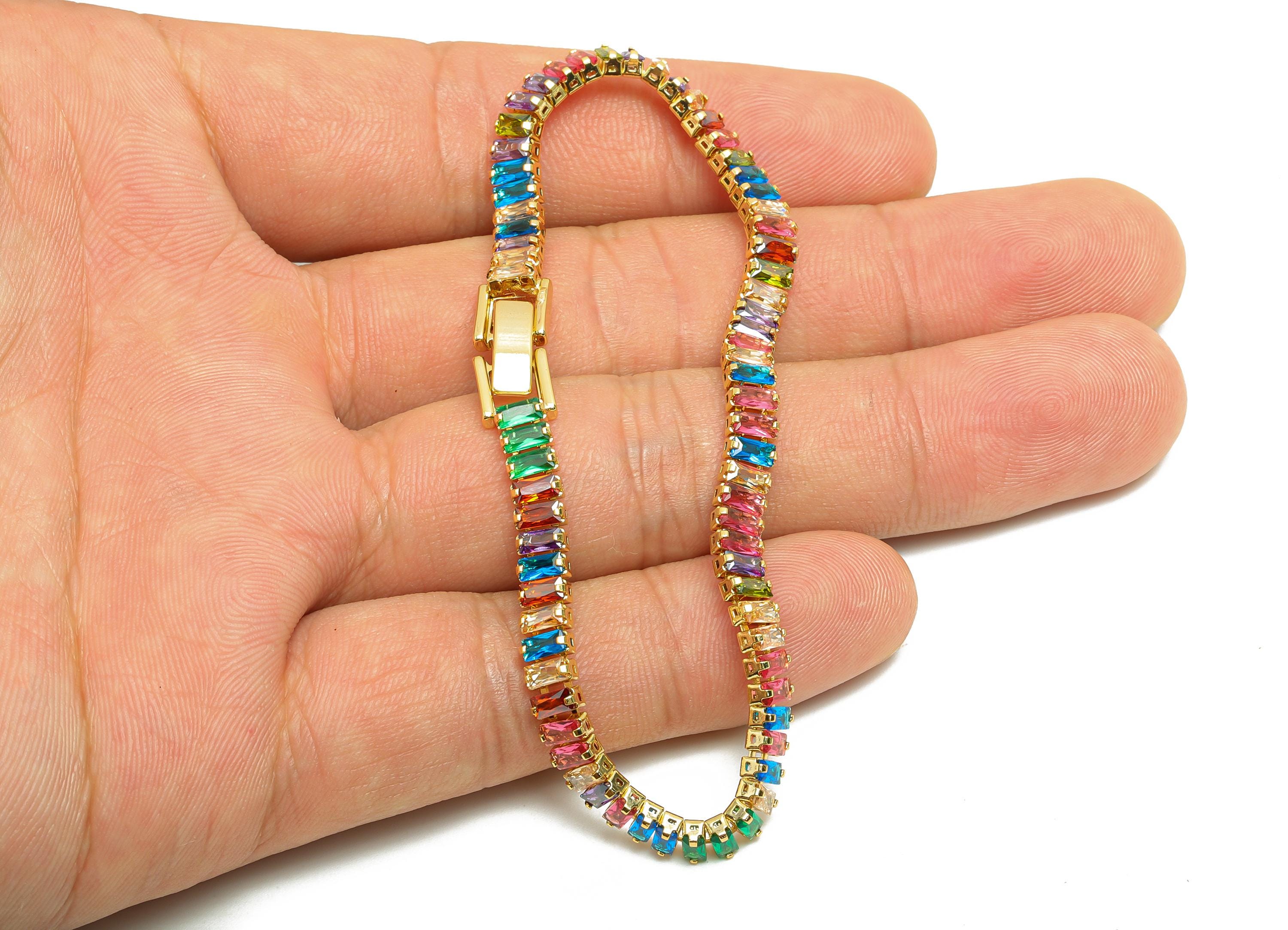 19cm Rectangular Zircon Chain Bracelet - Brass Mix Color 2*4mm Bracelet - Rainbow CZ Brass Bracelet - 18K Real Gold Plating - RGP8626-19 - DOMEDBAZAAR