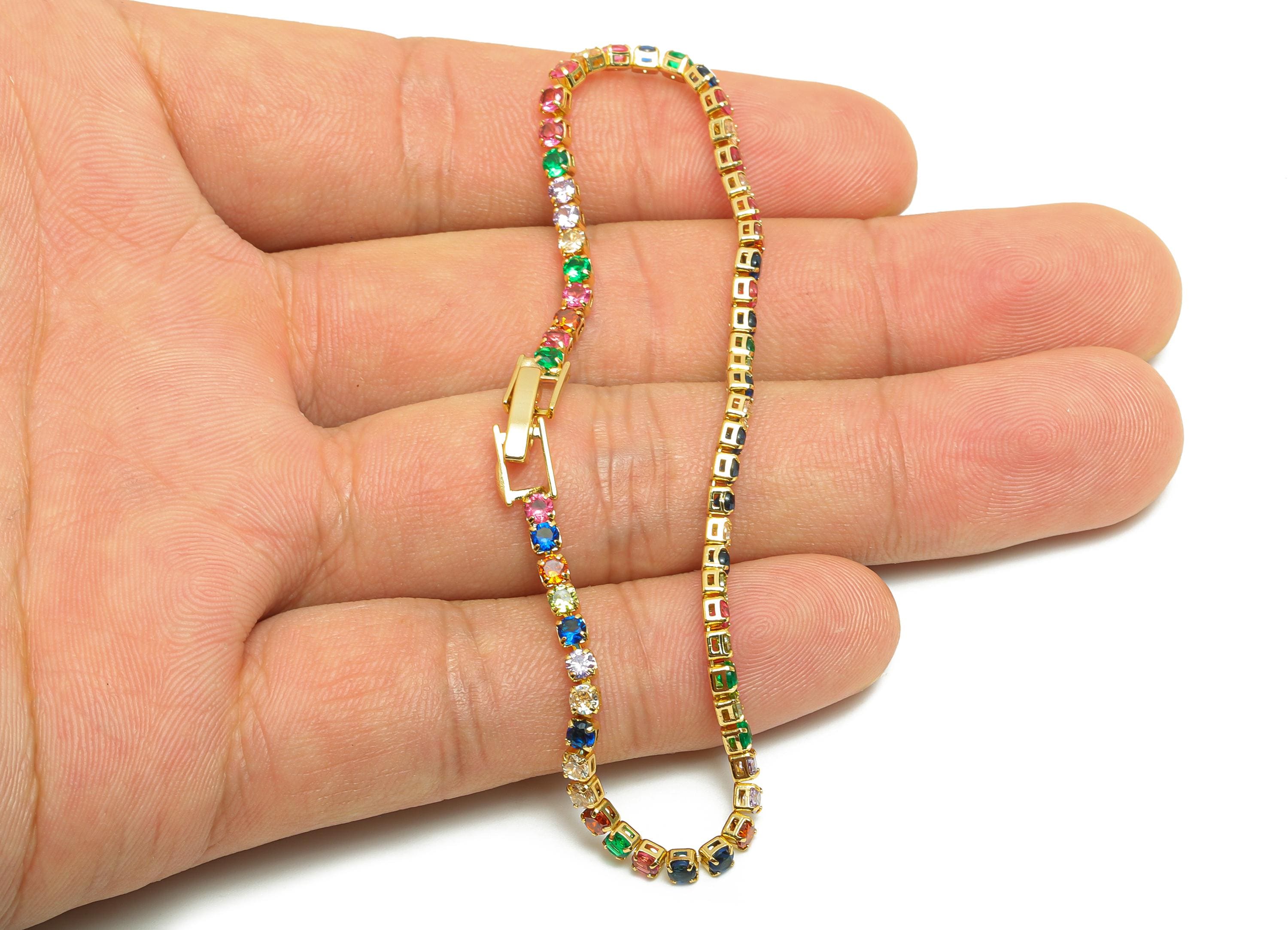 19cm Round Chain Bracelet - Brass Mix Color 2.5mm Round Bracelet - Rainbow Cubic Zircon Bracelet - 18K Real Gold Plating - RGP8628-19 - DOMEDBAZAAR