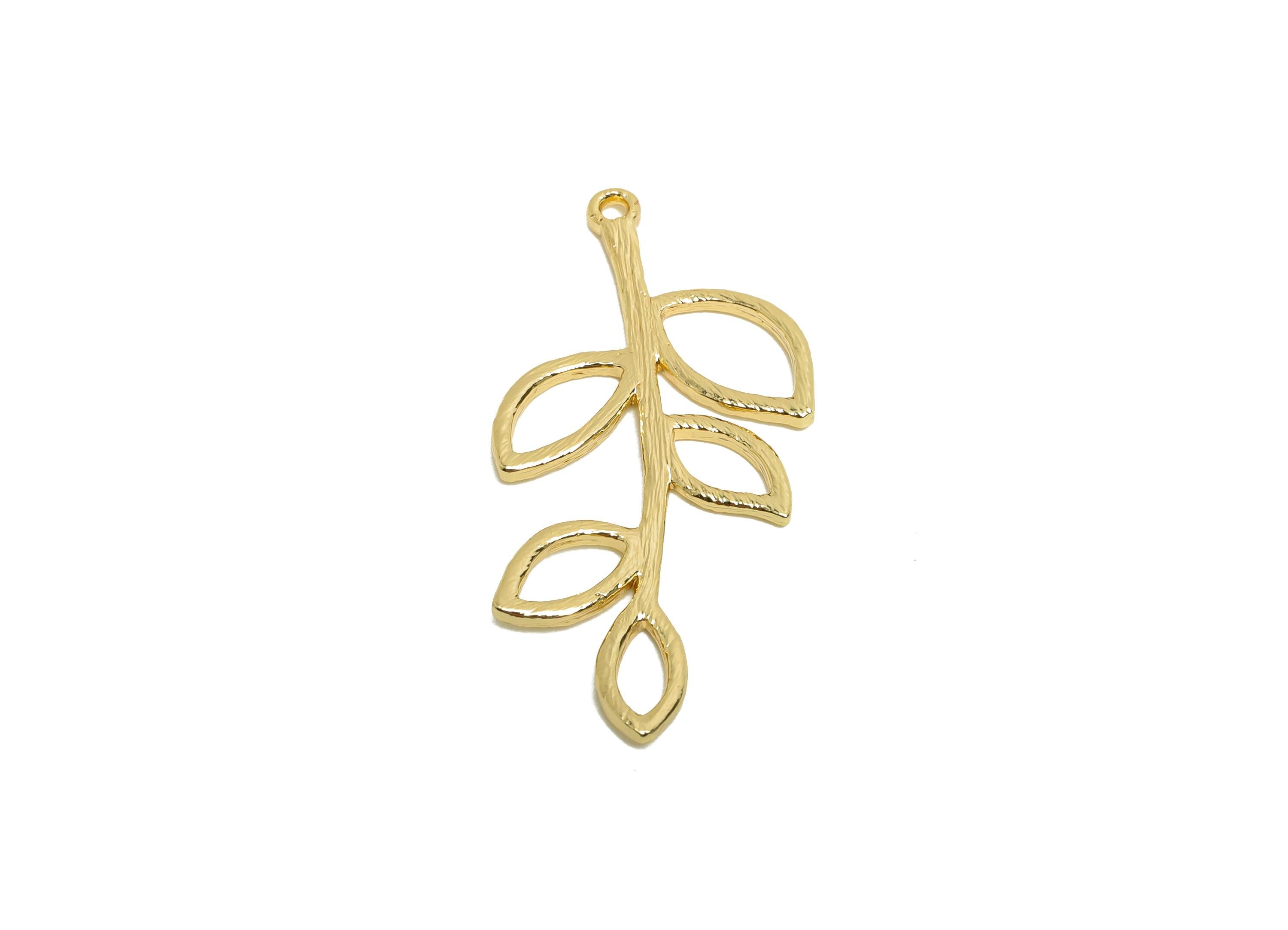 Brass Branch Earring Charm - Gold Textured Charm for Bracelet - Botanical Leaves Pendant - 18K Real Gold Plated - 35.7x17.7x1.53mm - RGP8493 - DOMEDBAZAAR