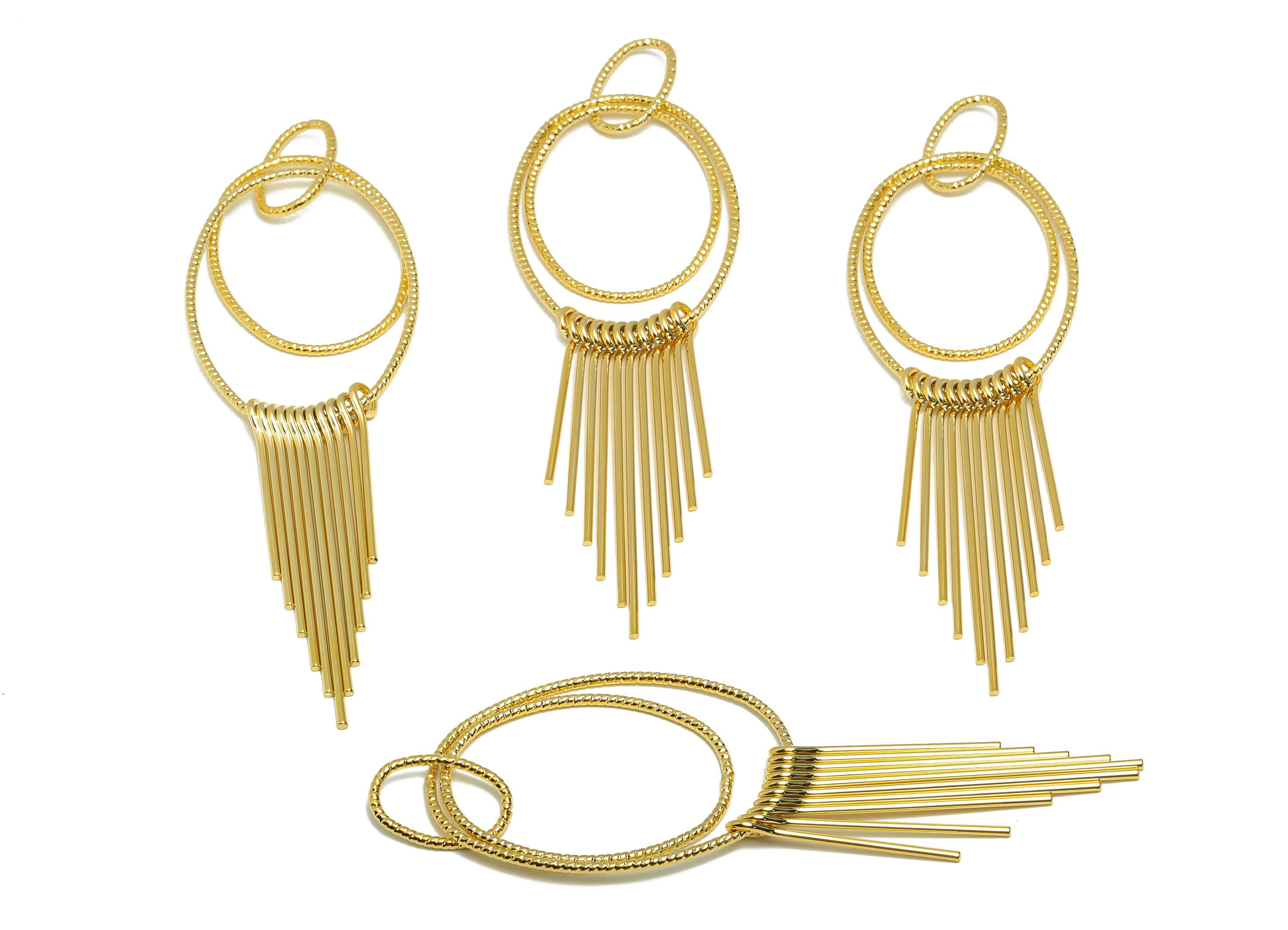 Brass Oval Fringe Charm - Textured Three Oval Fringe Charm - Gold Dangle Pendant for Earring - 18K Real Gold Plating - 112x34x2.9mm- RGP8916 - DOMEDBAZAAR
