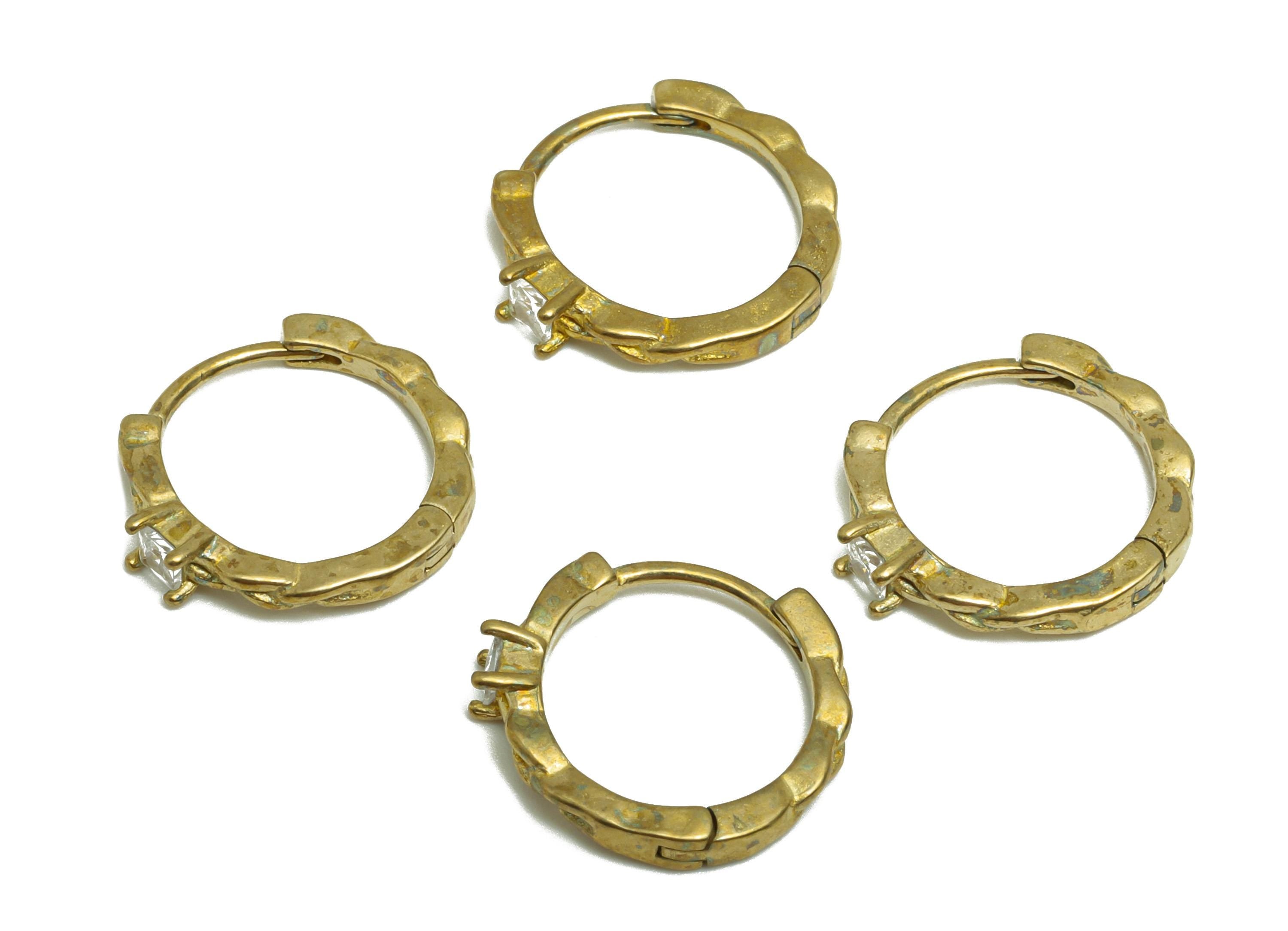 Brass CZ Hoop Earring - Raw Brass Cubic Zircon Huggie Earring - Vintage Gold Ring with Diamond and Organic Wave - 13.5x12x2.78mm - PP10951 - DOMEDBAZAAR