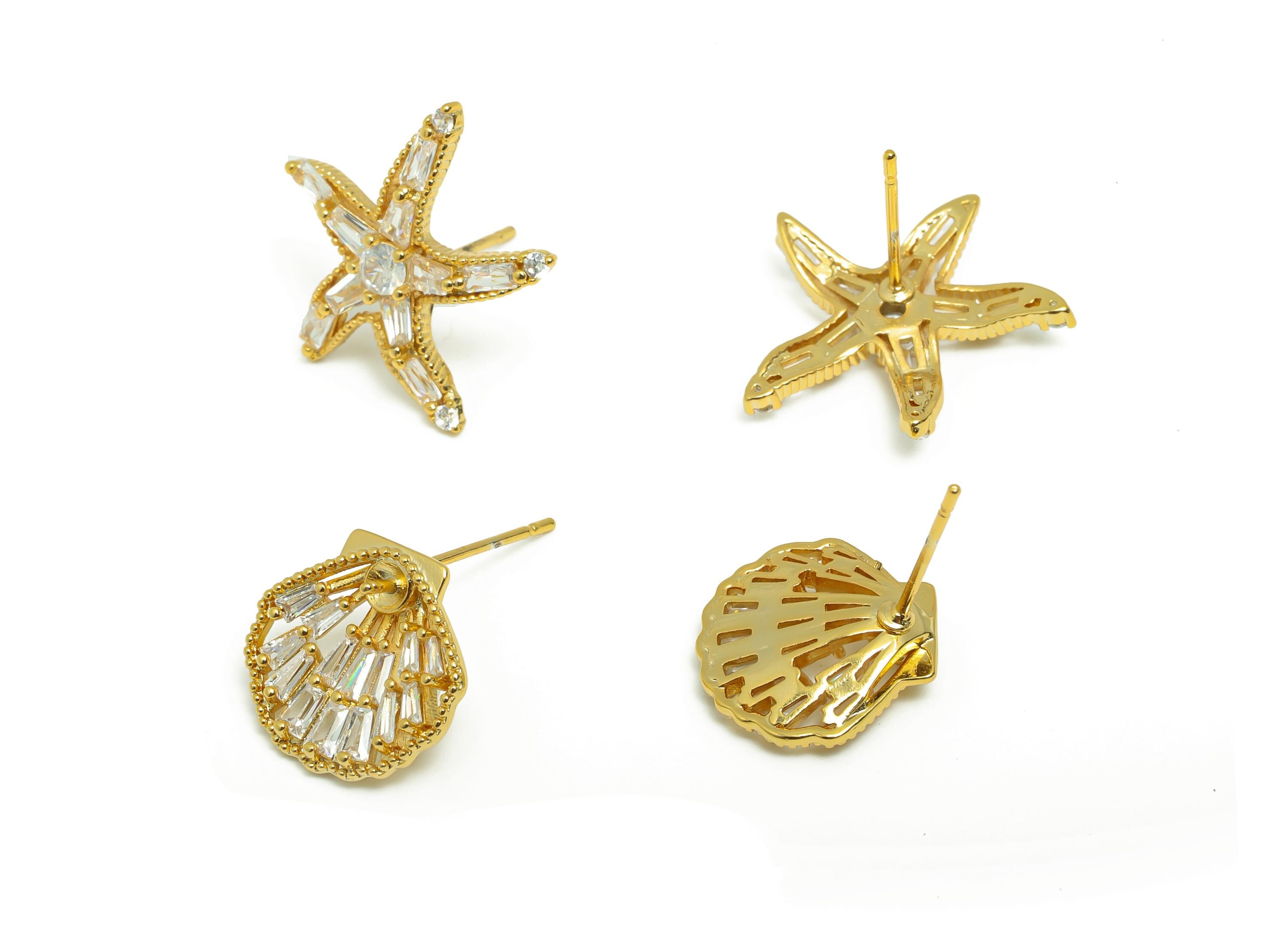 Brass Asymmetric Earring - Gold Starfish Shell Earring Post with Zircon - Daily Wear Earring - 18K Real Gold Plated -19.5x18.3x3.5mm-RGP8925 - DOMEDBAZAAR