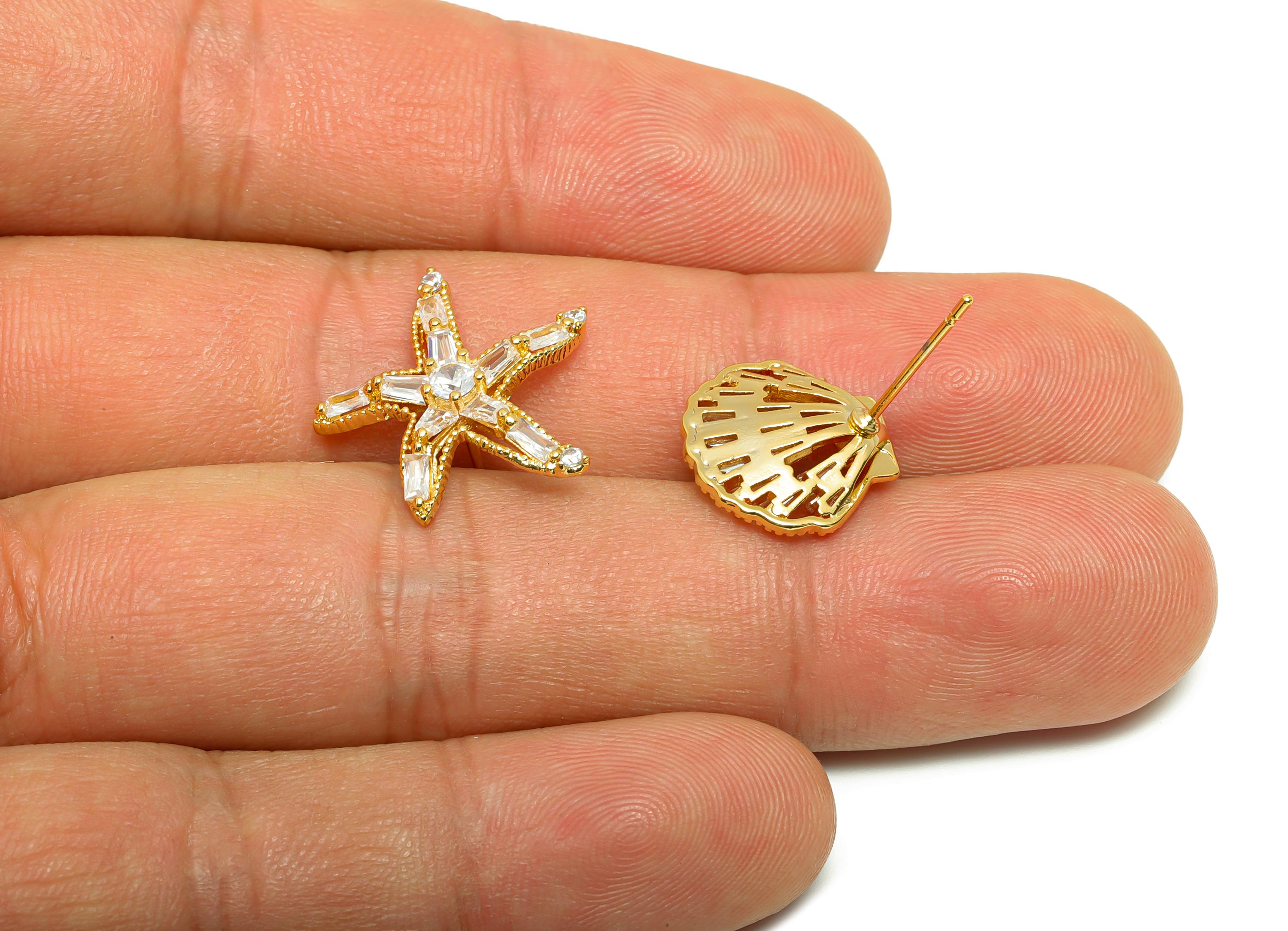 Brass Asymmetric Earring - Gold Starfish Shell Earring Post with Zircon - Daily Wear Earring - 18K Real Gold Plated -19.5x18.3x3.5mm-RGP8925 - DOMEDBAZAAR