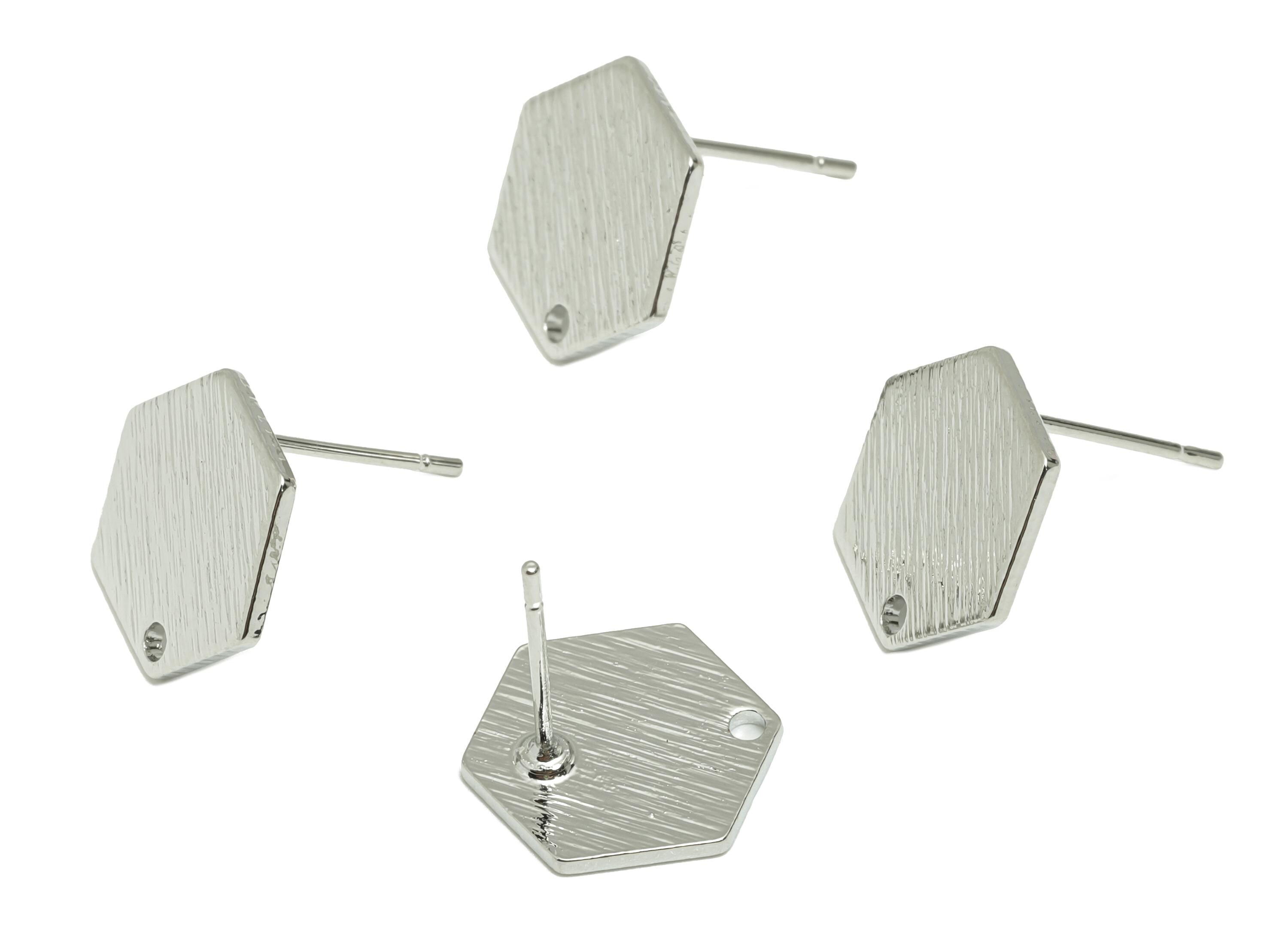 Brass Hexagon Earring - White Textured Earring Post for Girls - Daily Wear Ear Stud - 18K Real White Gold Plating - 13.3x11.5x1mm - RGP8929 - DOMEDBAZAAR