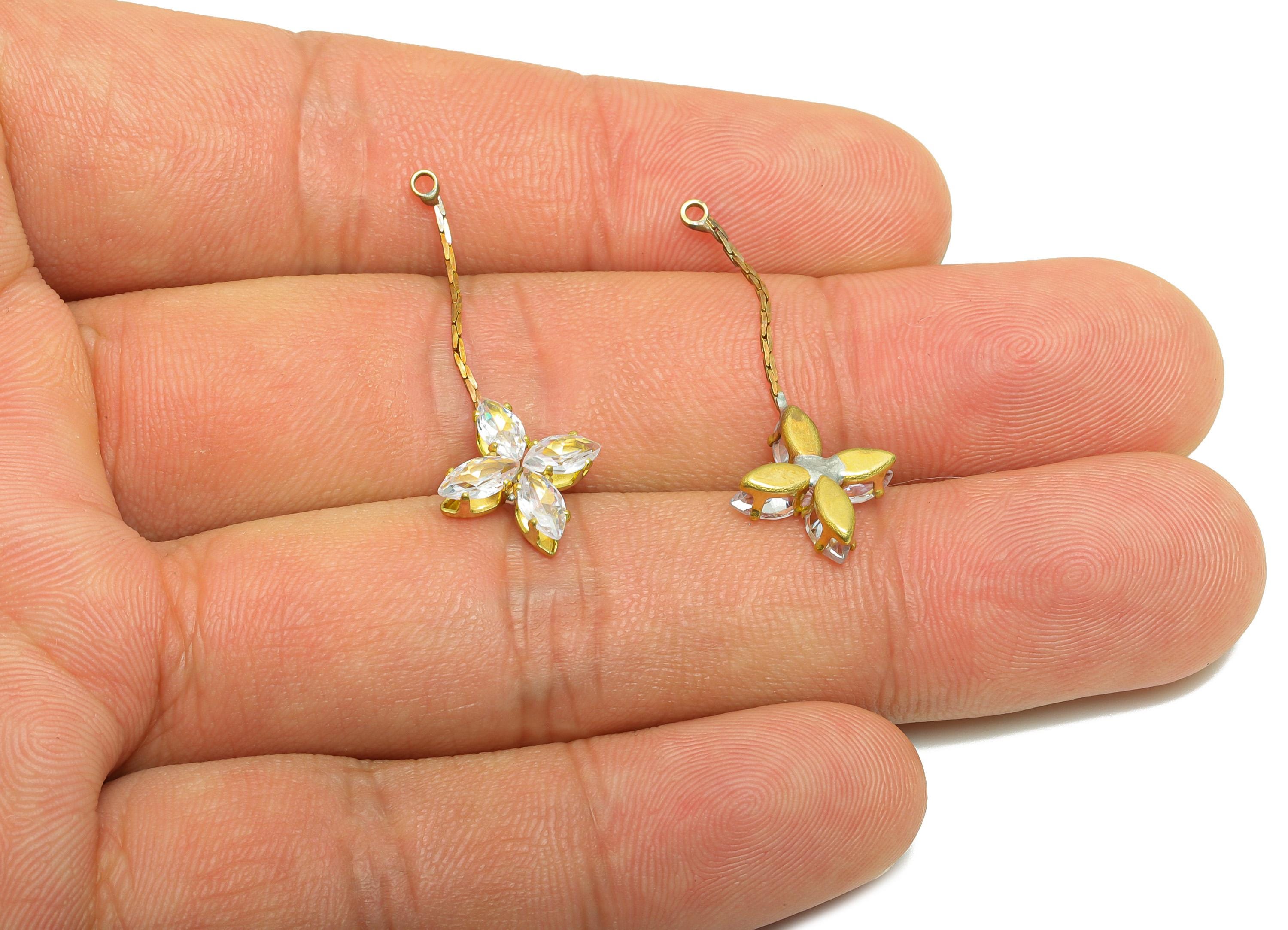Brass CZ Floral Earring Charm - Raw Brass Zircon Sparkling Crystal Flower Earring Charm - Luxury Flower Crystal Pendant - 53x11x3mm- PP10946 - DOMEDBAZAAR