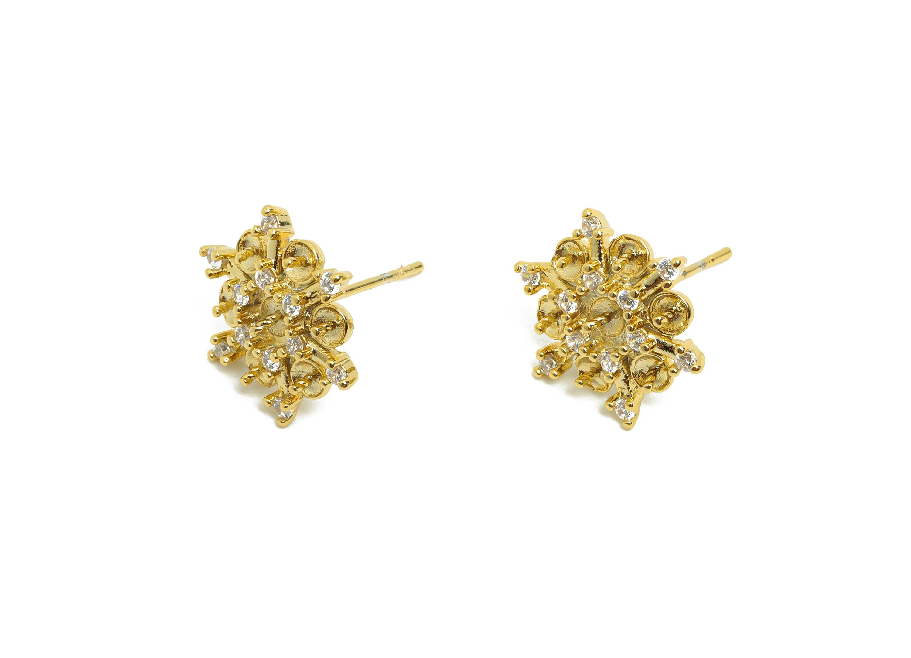 Brass Flower Earring Stud - Snowflake Earring Setting - Gold Zircon Earring for Party - 18K Real Gold Plating - 14.05x14.05x3.09mm - RGP8497 - DOMEDBAZAAR