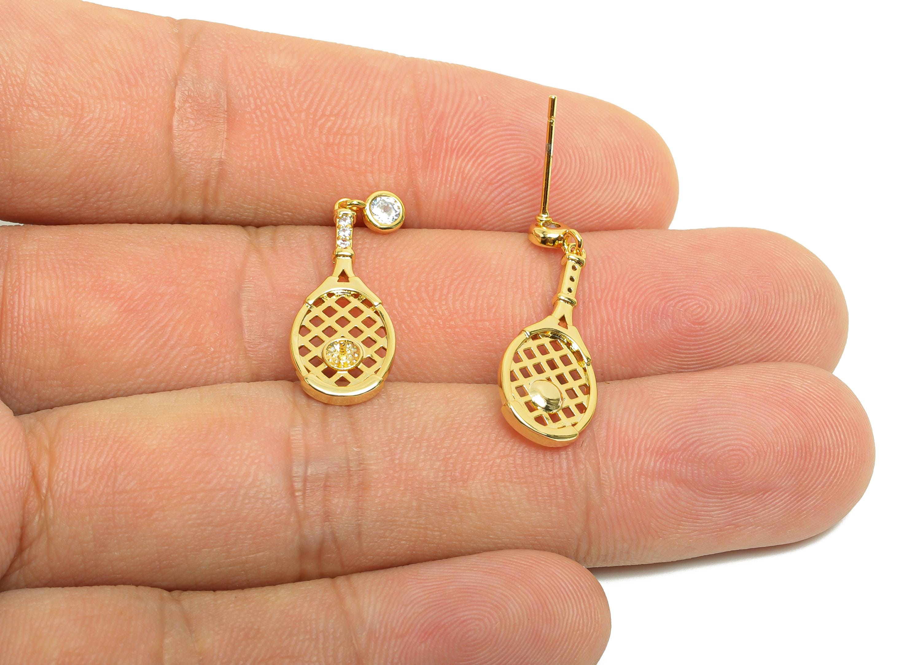 Brass Earring Setting - Tennis Racket Dangle Earring - Gold Zircon Earring Stud for Party - 18K Real Gold Plating - 25x9.5x3.32mm - RGP8498 - DOMEDBAZAAR