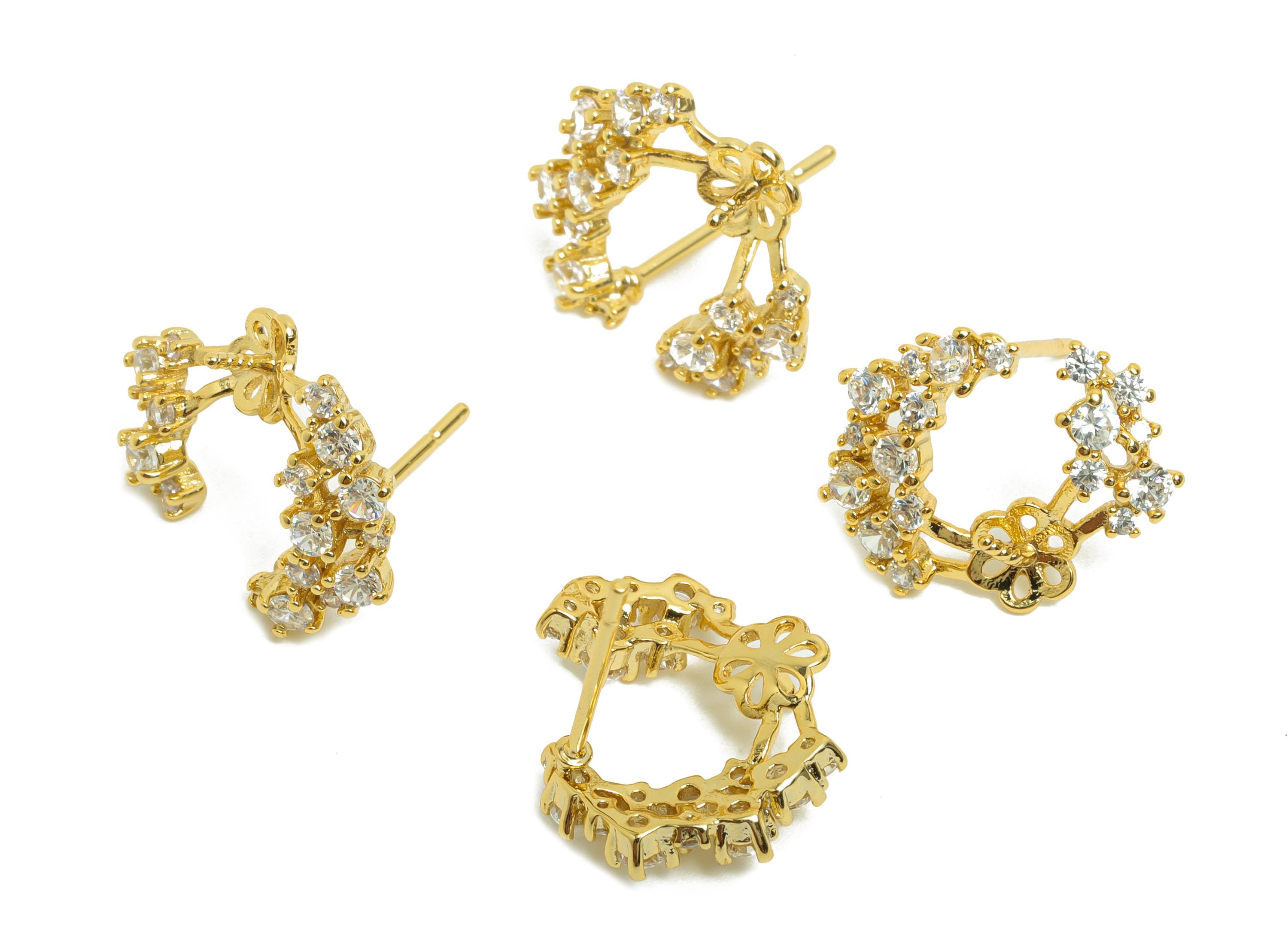 Brass Flower Earring Stud - Earring Setting for Girl's - Gold Zircon Earring for Party - 18K Real Gold Plating - 15.01x12.5x3.61mm - RGP8499 - DOMEDBAZAAR