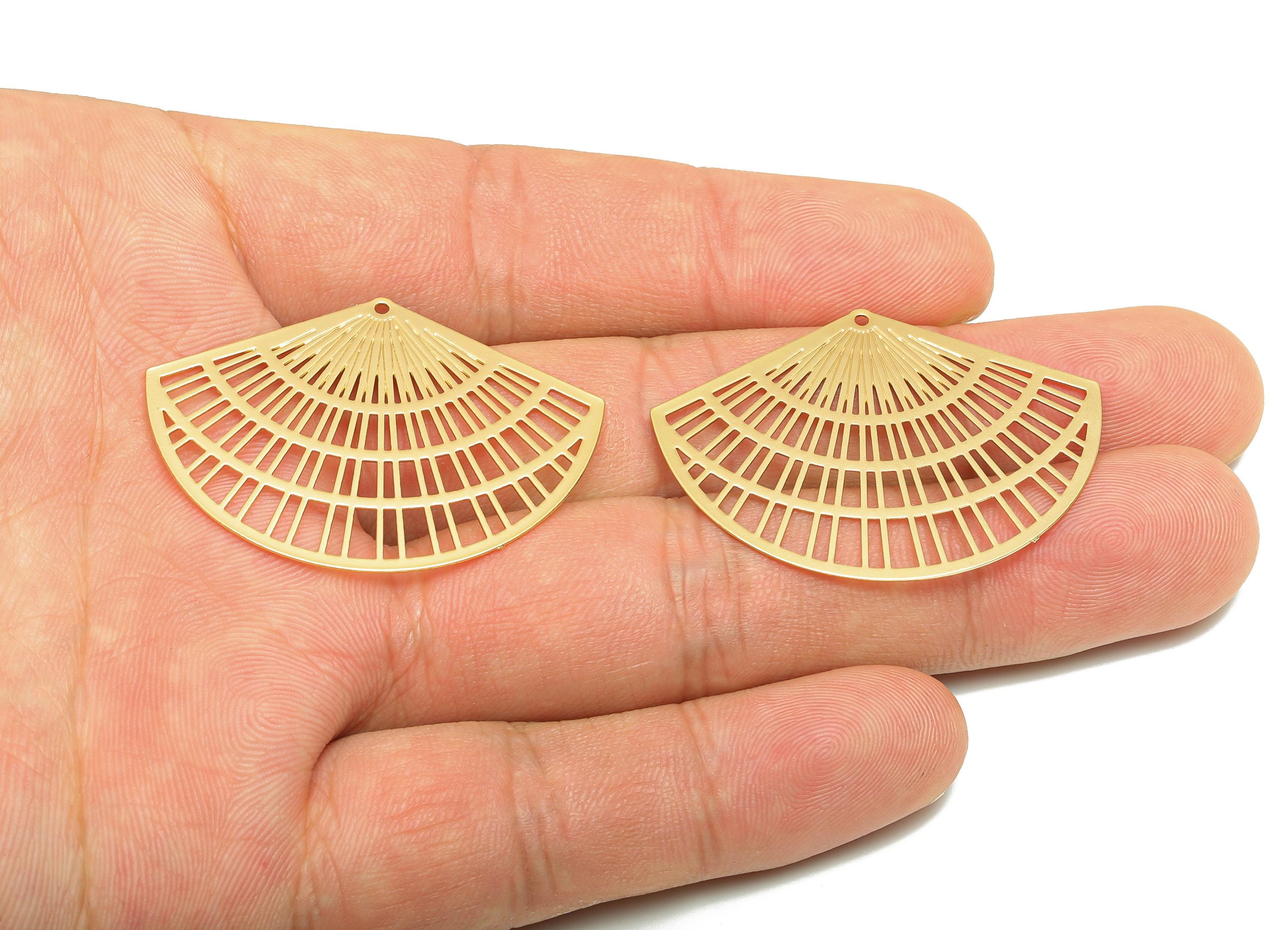 Brass Intricate Earring Charm - Brass Gold Fan pendant - Gold Accessory - Modern Fan Design - KC Gold tone Plated - 40x30x1mm - PP10955G - DOMEDBAZAAR