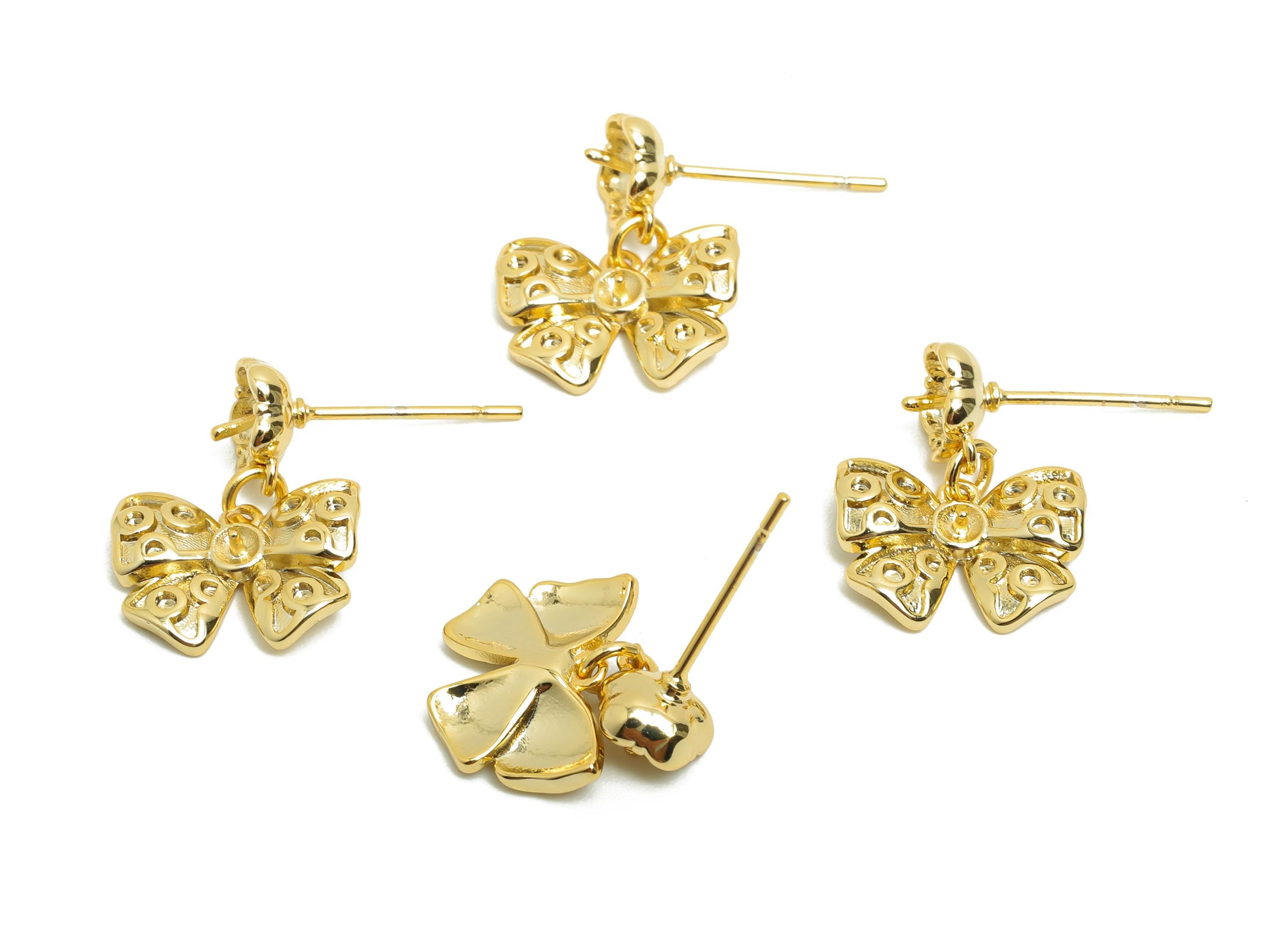 Brass Bow Tie Earring Stud - Gold Earring Setting for Girl's - Dot Bow Tie Earring Post - 18K Real Gold Plating - 16.7x12.7x4.6mm - RGP8508 - DOMEDBAZAAR