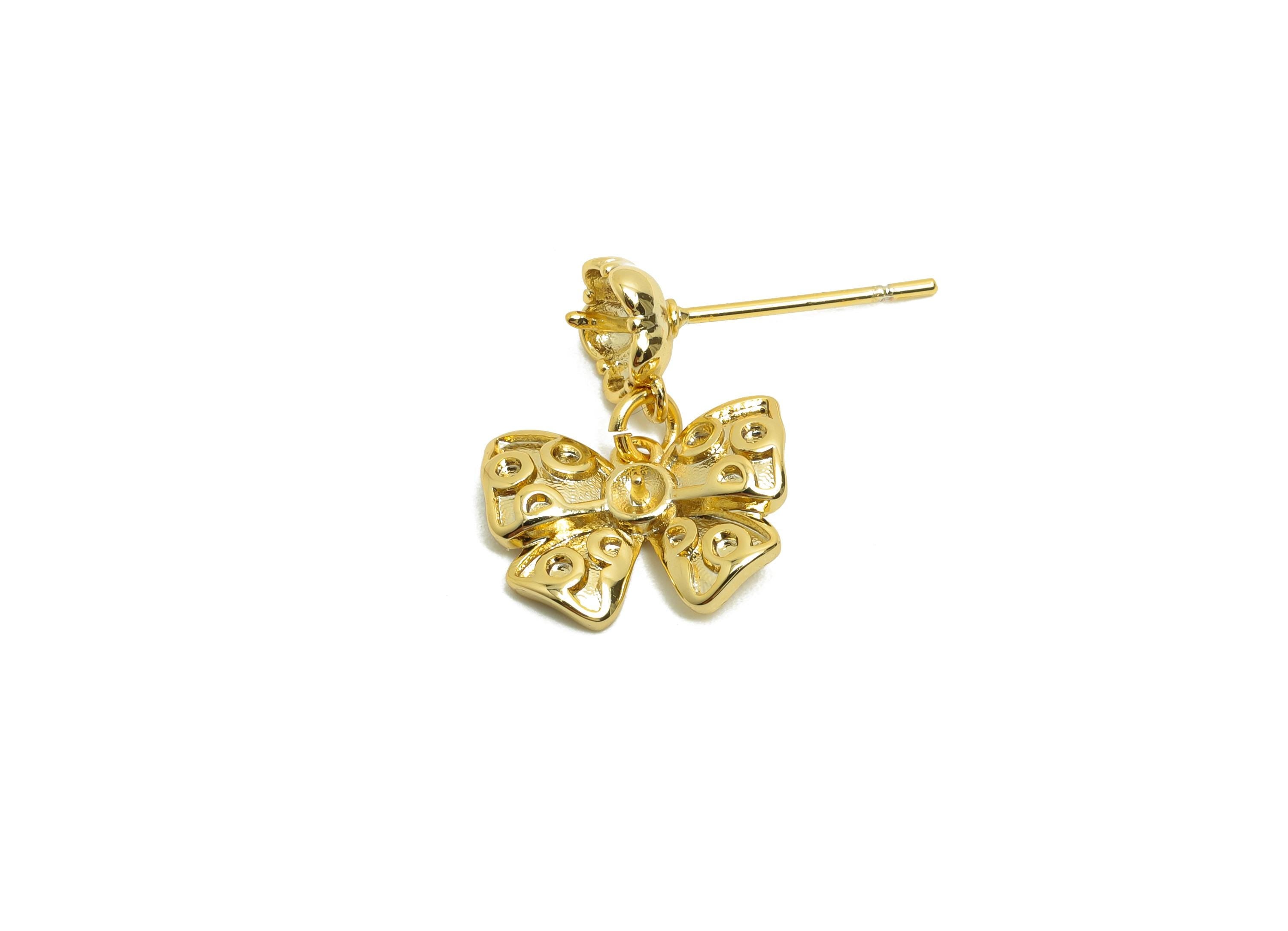 Brass Bow Tie Earring Stud - Gold Earring Setting for Girl's - Dot Bow Tie Earring Post - 18K Real Gold Plating - 16.7x12.7x4.6mm - RGP8508 - DOMEDBAZAAR