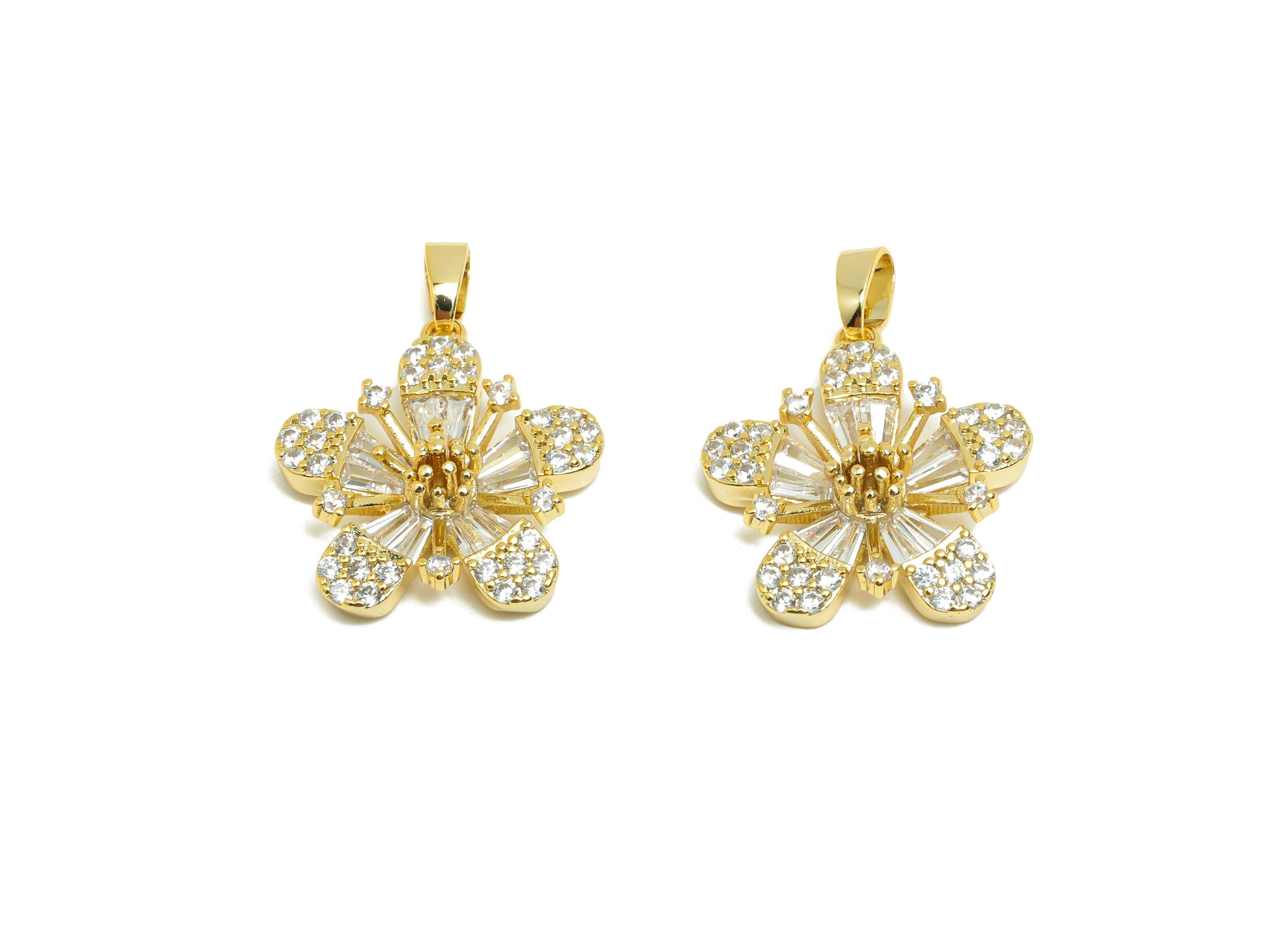 Brass CZ Flower Charm - Gold Sakura Pendant for Necklace - Zircon Flower Charm for Party - 18K Real Gold Plating - 23.6x18.3x5.6mm - RGP8513 - DOMEDBAZAAR