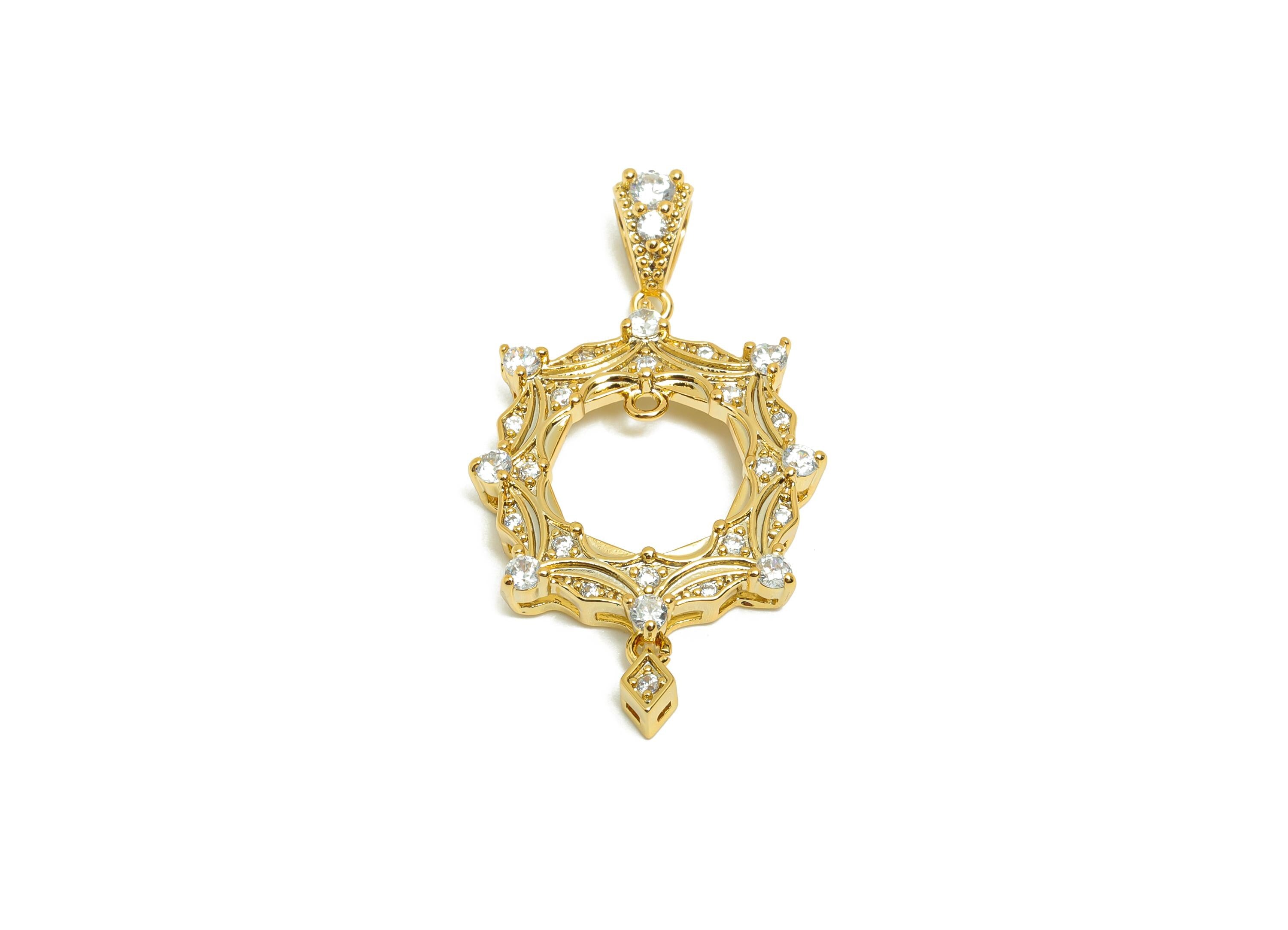 Brass CZ Frame Charm - Gold Round Pendant for Necklace - Zircon Frame Charm for Party - 18K Real Gold Plating - 34x19.2x4.15mm - RGP8514 - DOMEDBAZAAR