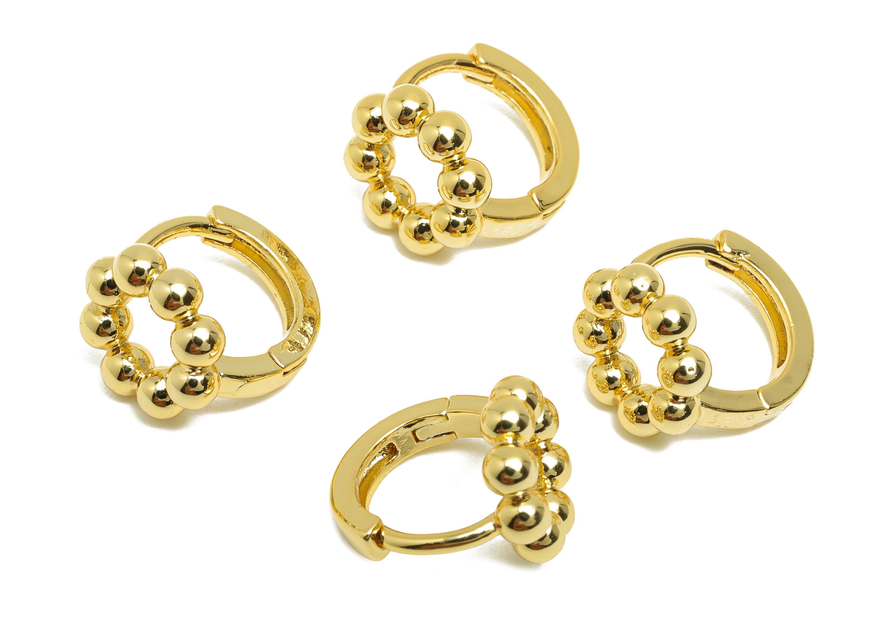 Brass Beads Hoop Ear - Gold Round Ball Huggie Earring for Girls - Daily Wear Earring - 18K Real Gold Plated - 12.04x10.9x2.13mm - RGP8527 - DOMEDBAZAAR