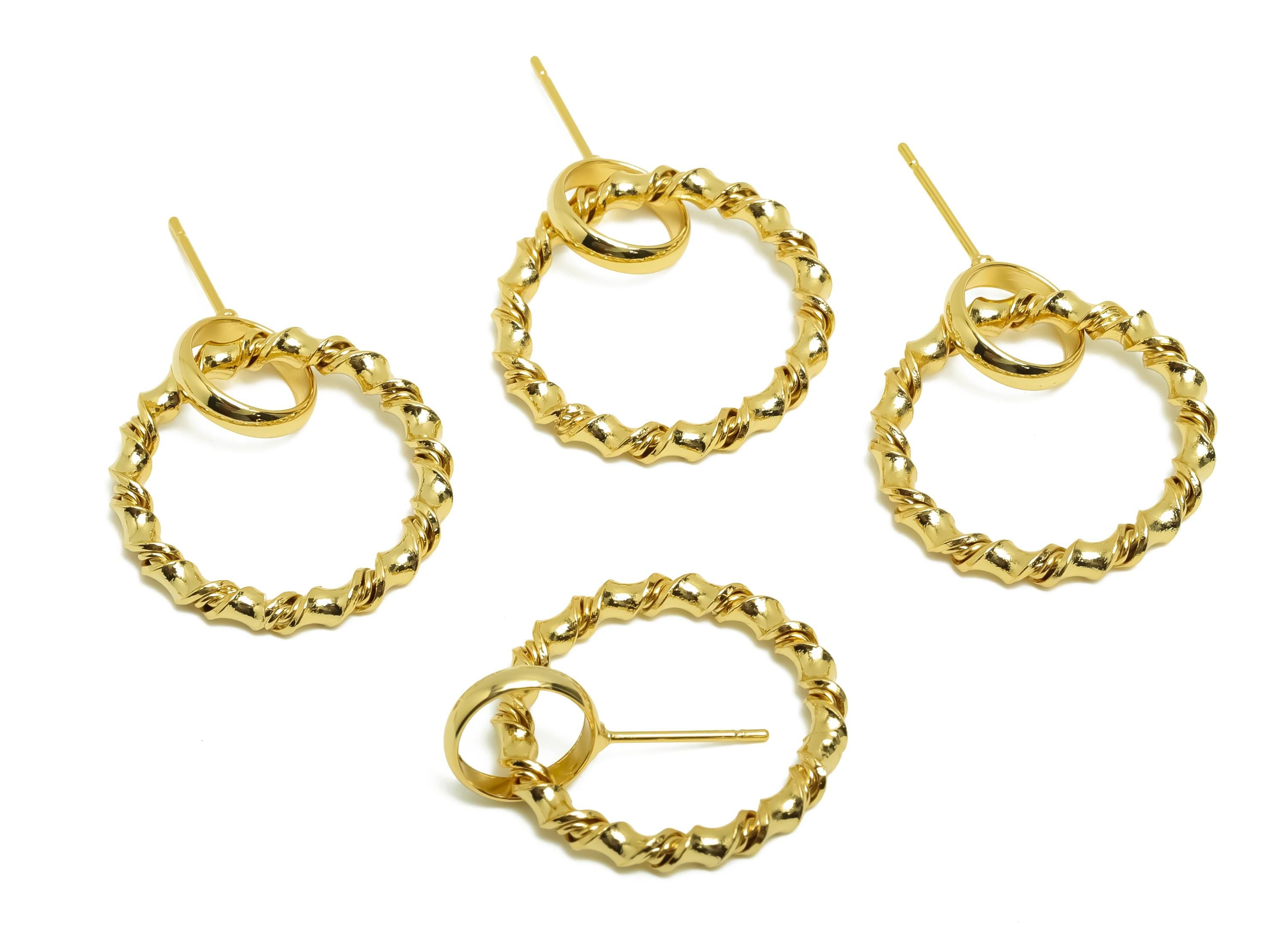 Brass Round Earring Stud - Brass Dangle Earring Post - Gold Jewelry - Geometry Earring Post - 18K Real Gold Plating - 28.28x21x2mm - RGP8686 - DOMEDBAZAAR