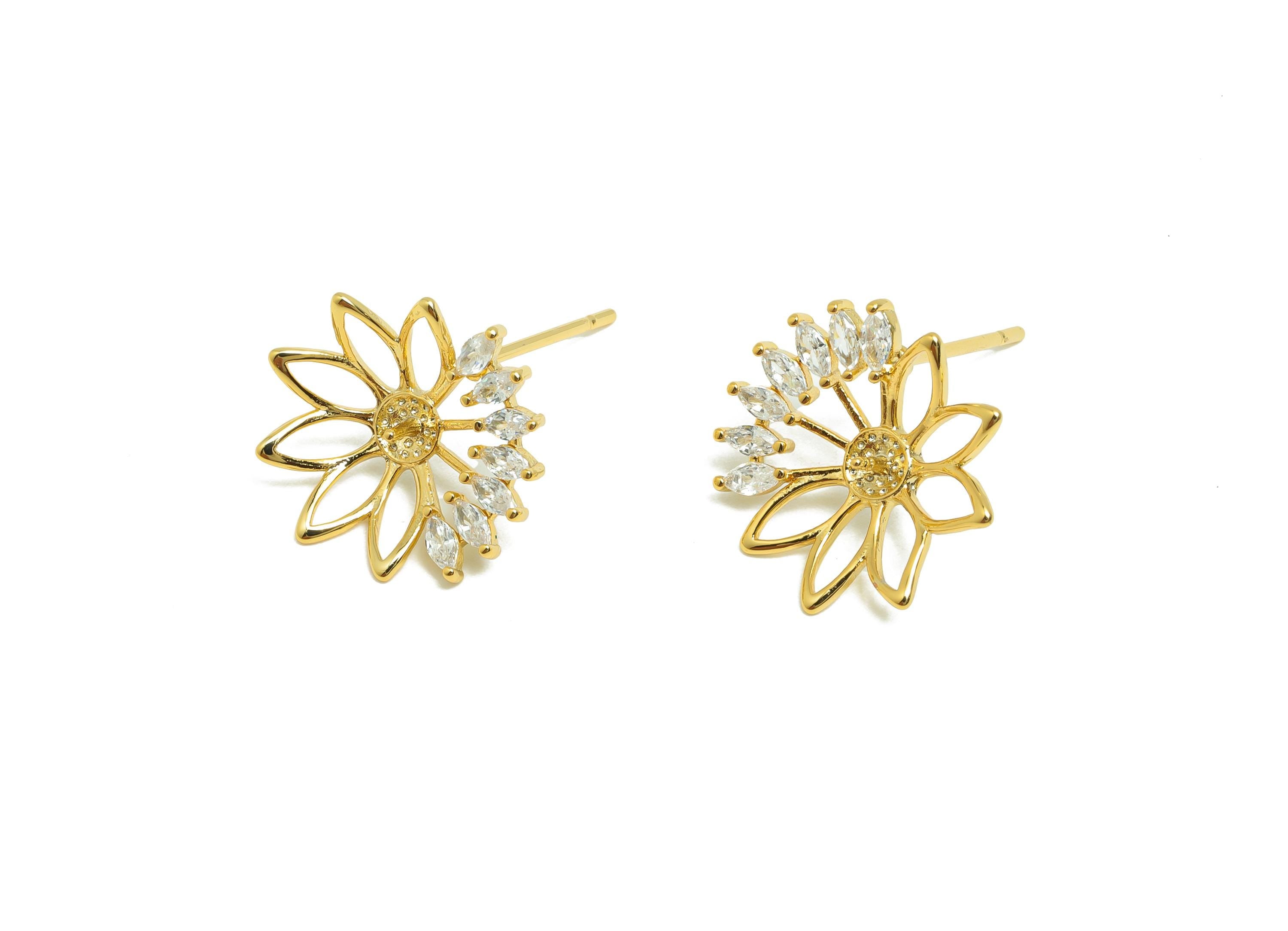 Brass Round Earring Stud - Circle Earring Setting for Girls - Gold Zircon Daily Wear Ear - 18K Real Gold Plated - 13.7x13.2x3.91mm - RGP8537 - DOMEDBAZAAR