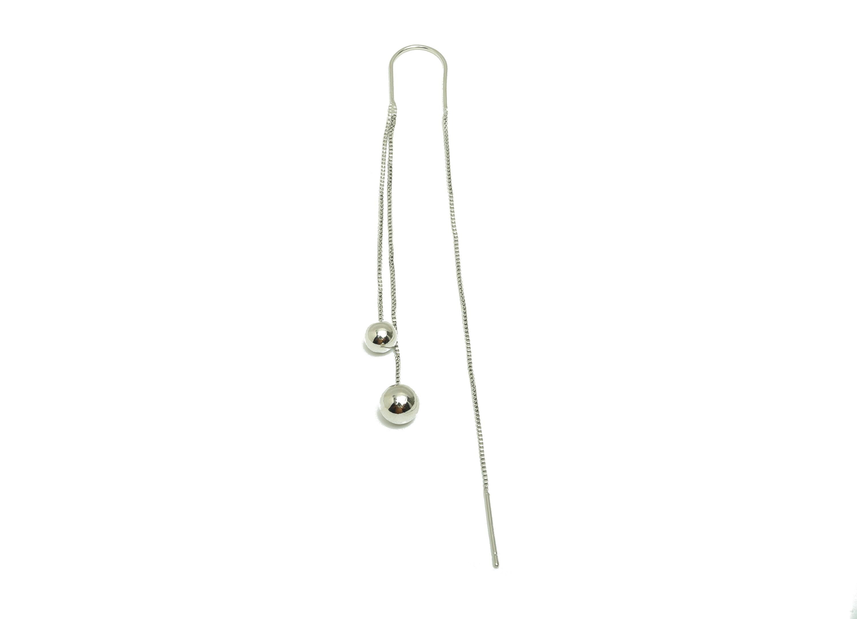Brass Tassel Ear Wire - Brass Chain Threader Earrings Double Beads - Dangle Ear Wire - 18K Real White Gold Plating - 90x10x5mm - RGP10239 - DOMEDBAZAAR