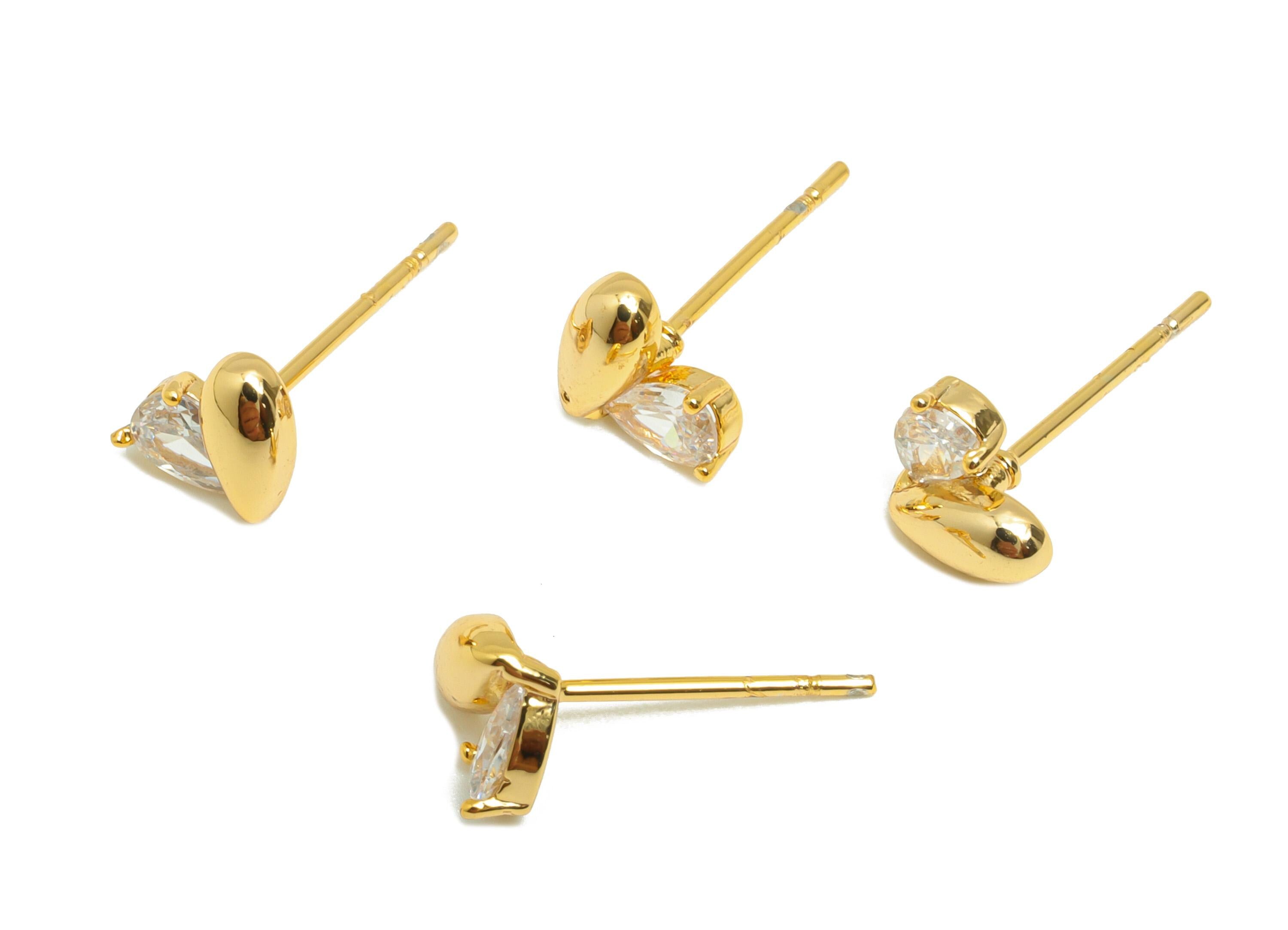 Brass CZ Heart Earring - Brass Cubic Zircon Earring Post - Gold Teardrop Stud Earring Gemstone - 18K Real Gold Plating - 7x5x3mm - RGP10250 - DOMEDBAZAAR