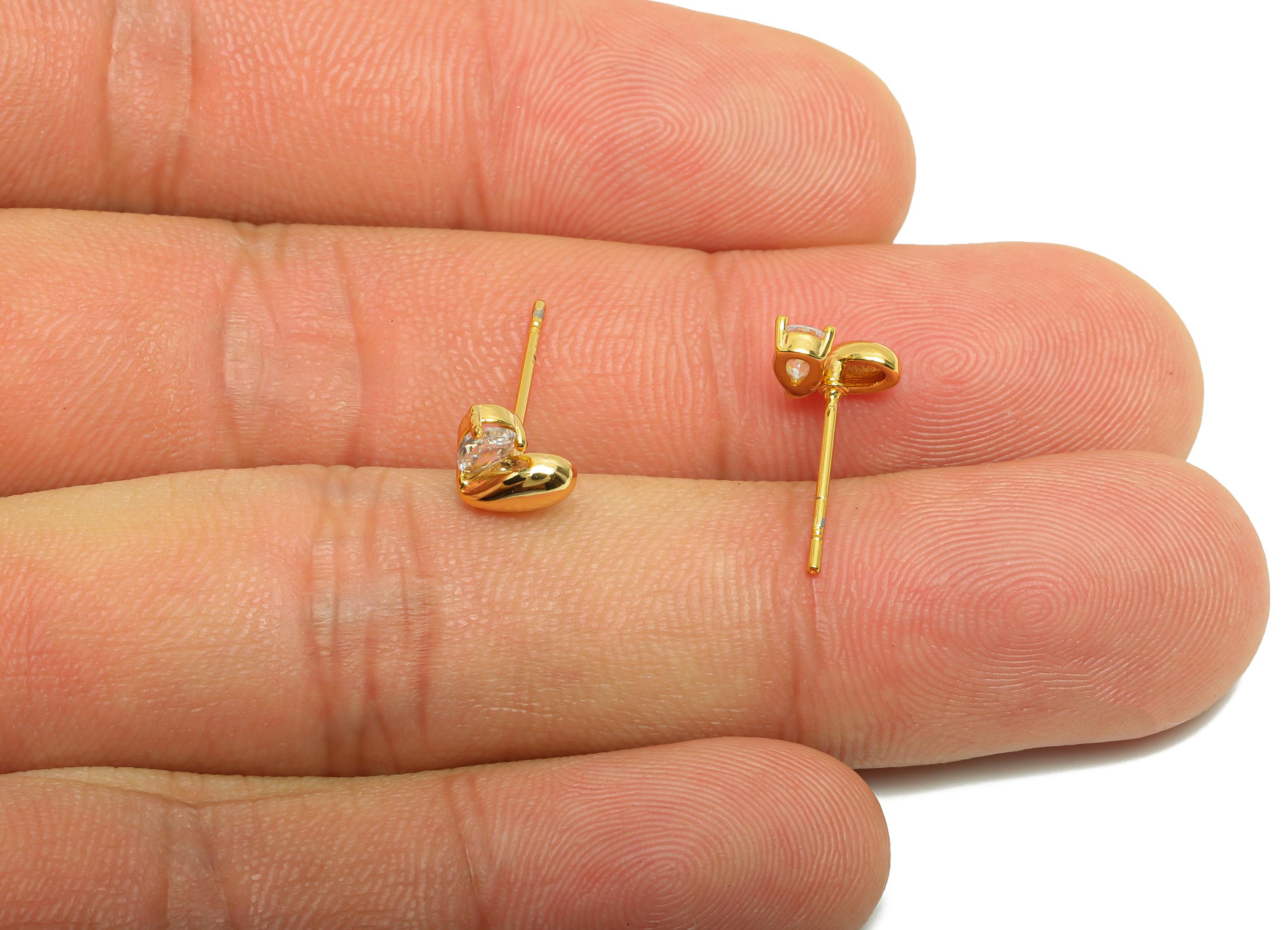 Brass CZ Heart Earring - Brass Cubic Zircon Earring Post - Gold Teardrop Stud Earring Gemstone - 18K Real Gold Plating - 7x5x3mm - RGP10250 - DOMEDBAZAAR