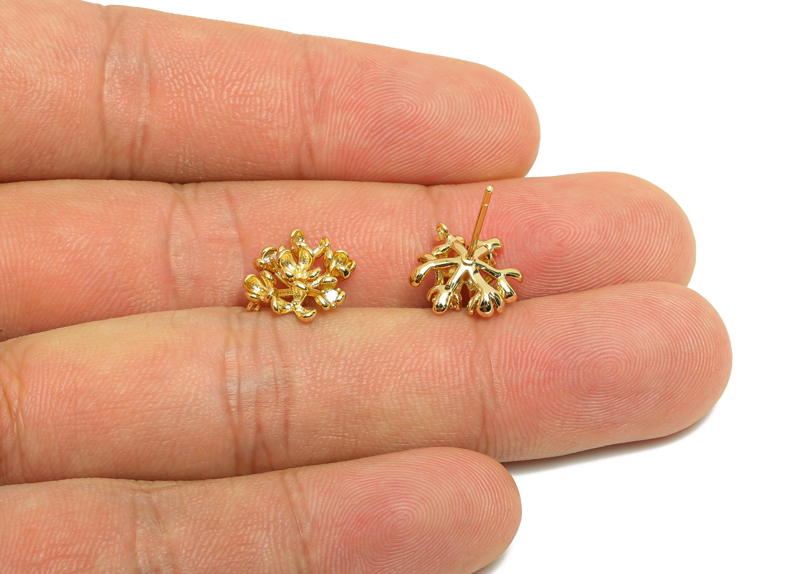 Brass Flower Earring Stud - Textured Earring Post for Girls - Gold Daily Wear Stud Earring - 18K Real Gold Plating - 17x12.4x5.6mm - RGP8555 - DOMEDBAZAAR