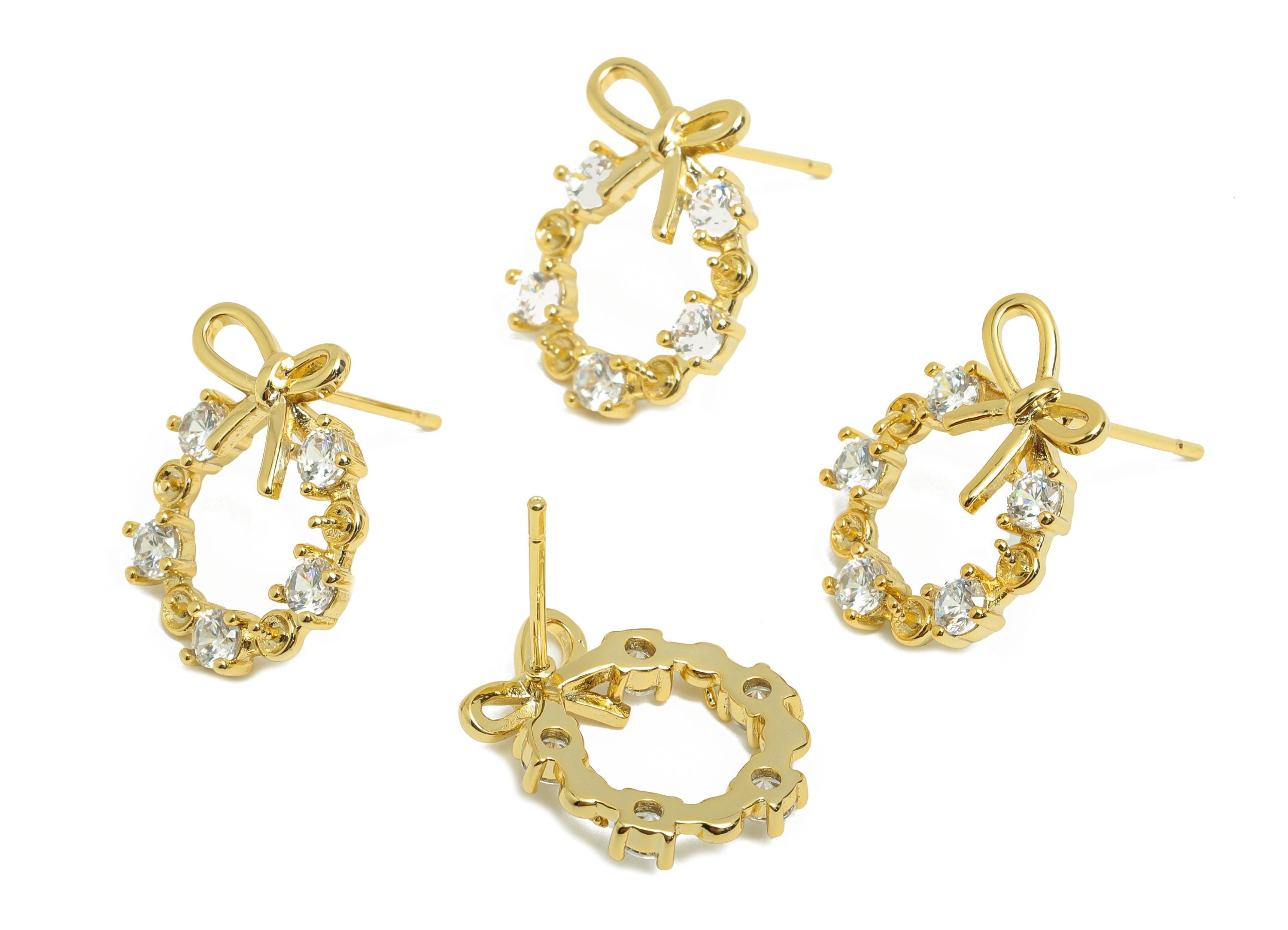 Brass Round Earring Stud - Bow Tie Earring Setting for Girls - Gold Zircon Daily Wear Ear - 18K Real Gold Plated - 17.7x14.2x3.53mm -RGP8560 - DOMEDBAZAAR