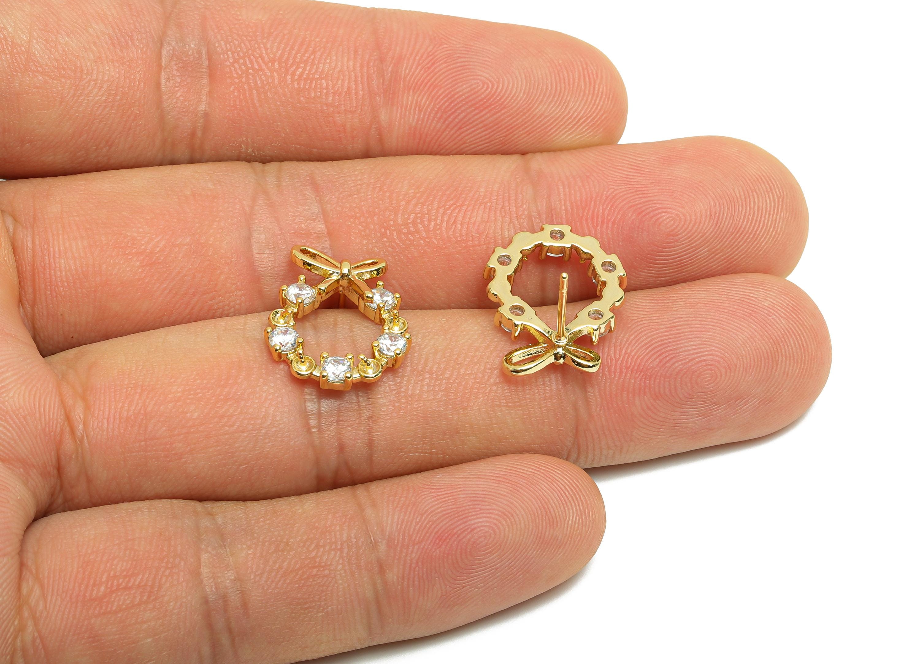 Brass Round Earring Stud - Bow Tie Earring Setting for Girls - Gold Zircon Daily Wear Ear - 18K Real Gold Plated - 17.7x14.2x3.53mm -RGP8560 - DOMEDBAZAAR