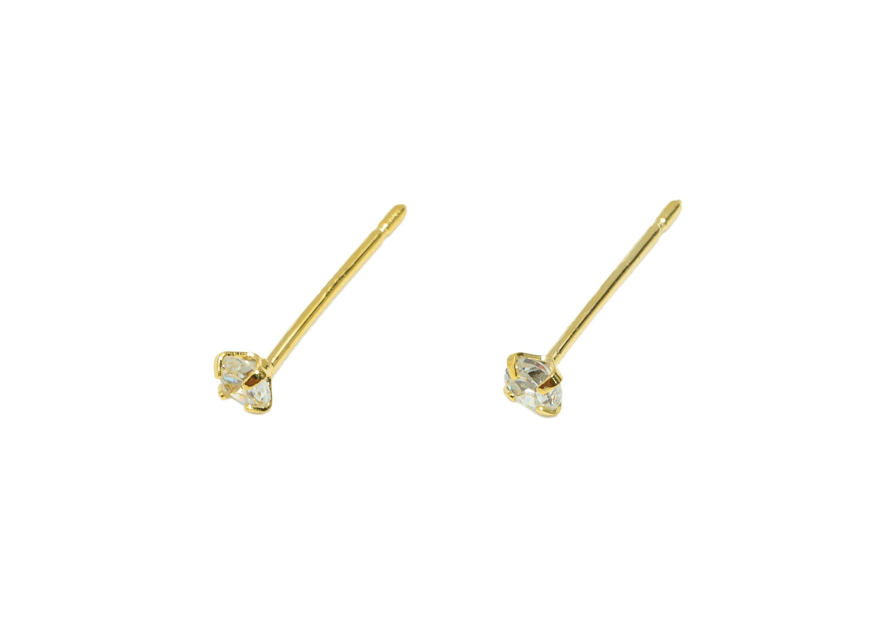 Brass Cut Diamond Earring - Gold Tiny Minimalist Ear Post with 3mm Zircon - Prong Setting Ear - 18K Real Gold Plated-14.3x3x2.9mm- RGP8939-3 - DOMEDBAZAAR