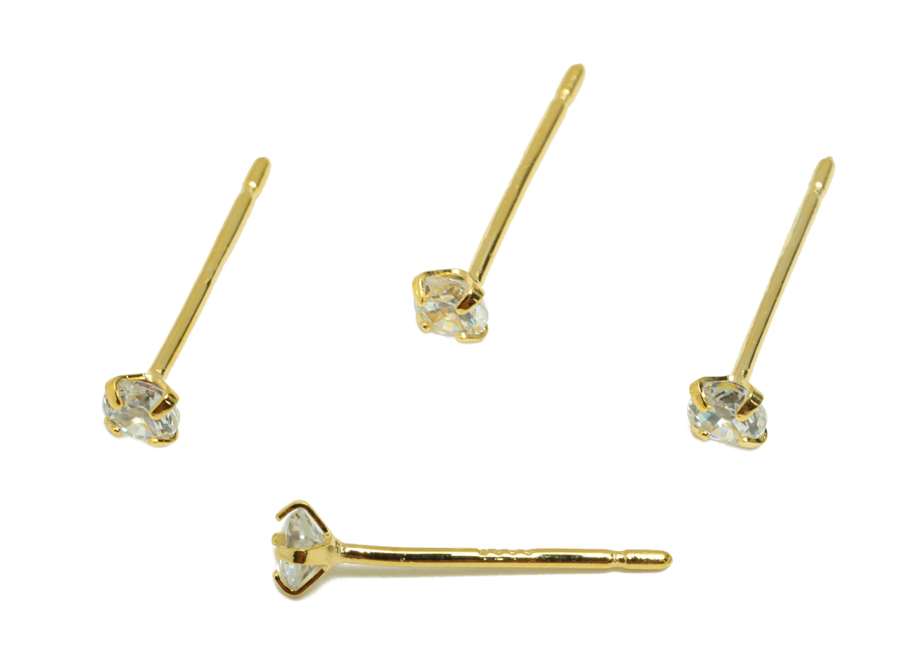 Brass Cut Diamond Earring - Gold Tiny Minimalist Ear Post with 3mm Zircon - Prong Setting Ear - 18K Real Gold Plated-14.3x3x2.9mm- RGP8939-3 - DOMEDBAZAAR