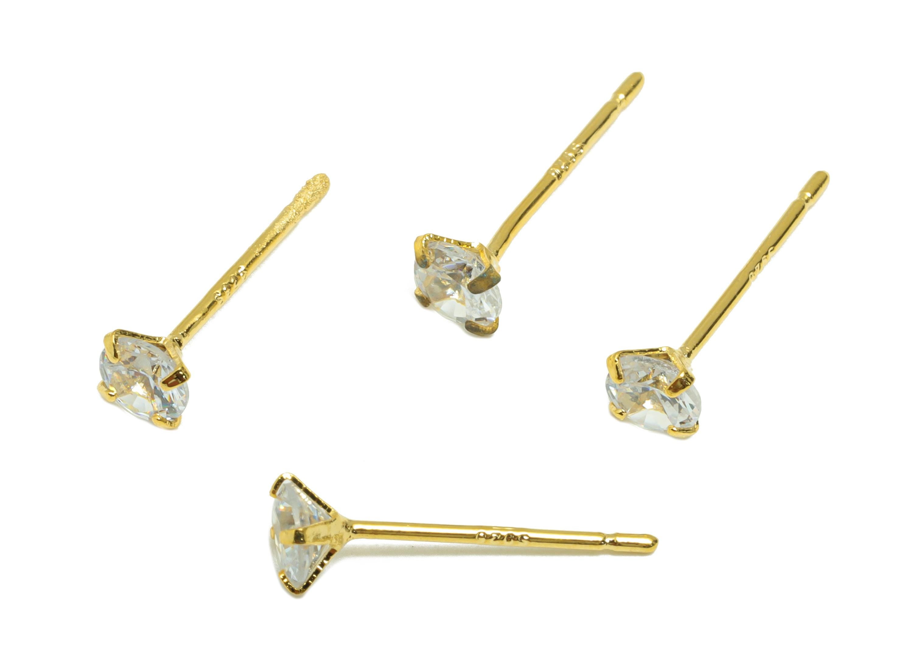 Brass Cut Diamond Earring - Gold Tiny Minimalist Ear Post with 4mm Zircon - Prong Setting Ear - 18K Real Gold Plated-14.6x4x2.9mm- RGP8939-4 - DOMEDBAZAAR