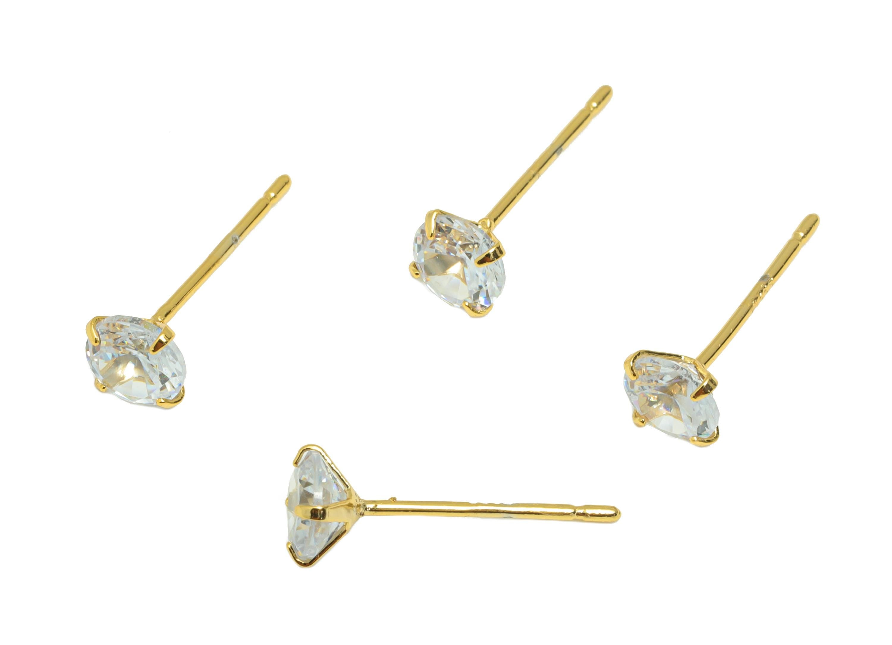 Brass Cut Diamond Earring - Gold Tiny Minimalist Ear Post with 5mm Zircon - Prong Setting Ear - 18K Real Gold Plated-15.2x5x3.4mm- RGP8939-5 - DOMEDBAZAAR