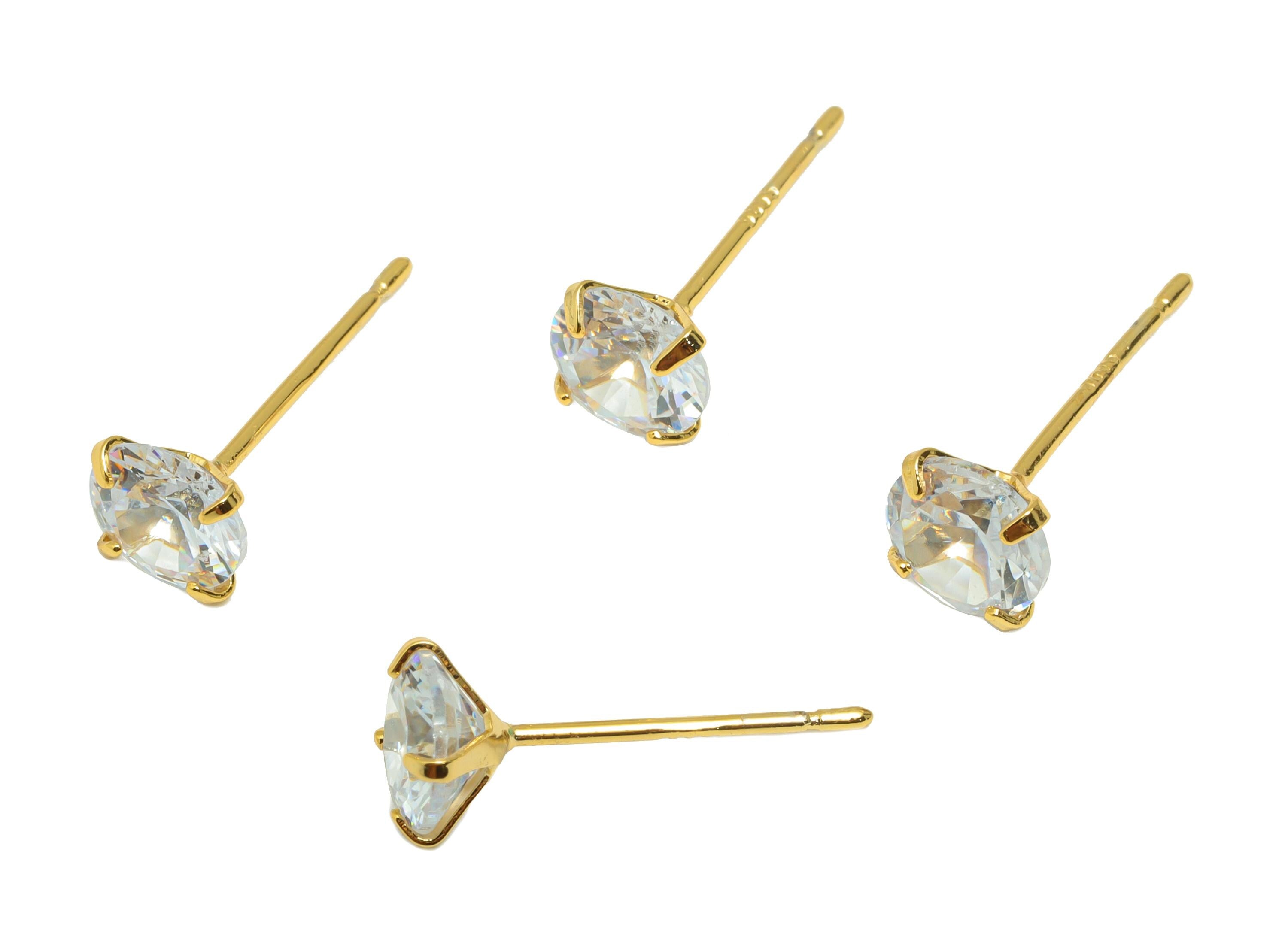 Brass Cut Diamond Earring - Gold Minimalist Ear Post with 6mm Zircon - Prong Setting Earring - 18K Real Gold Plated - 16x6x3.5mm- RGP8939-6 - DOMEDBAZAAR