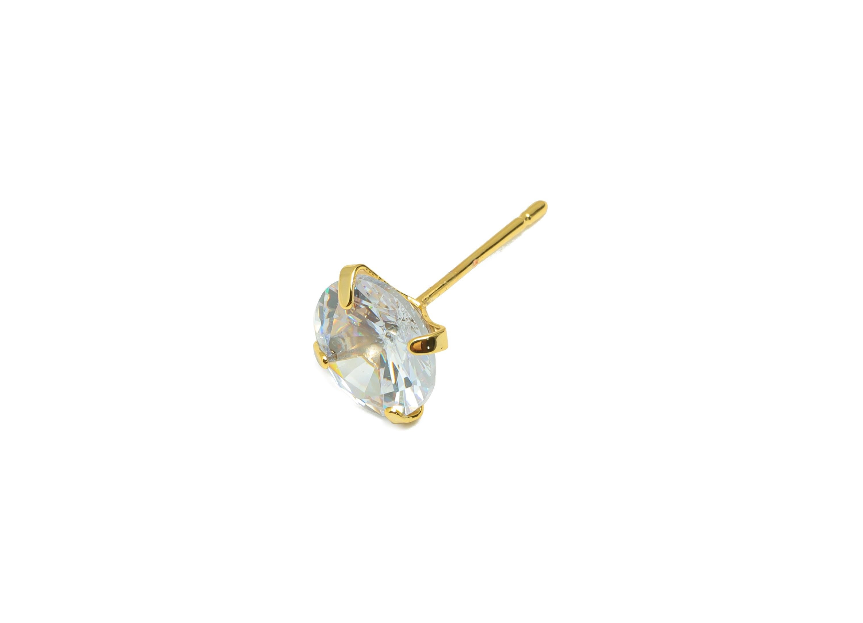 Brass Cut Diamond Earring - Gold Minimalist Ear Post with 8mm Zircon - Prong Setting Earring - 18K Real Gold Plated - 17x8x5.3mm - RGP8939-8 - DOMEDBAZAAR