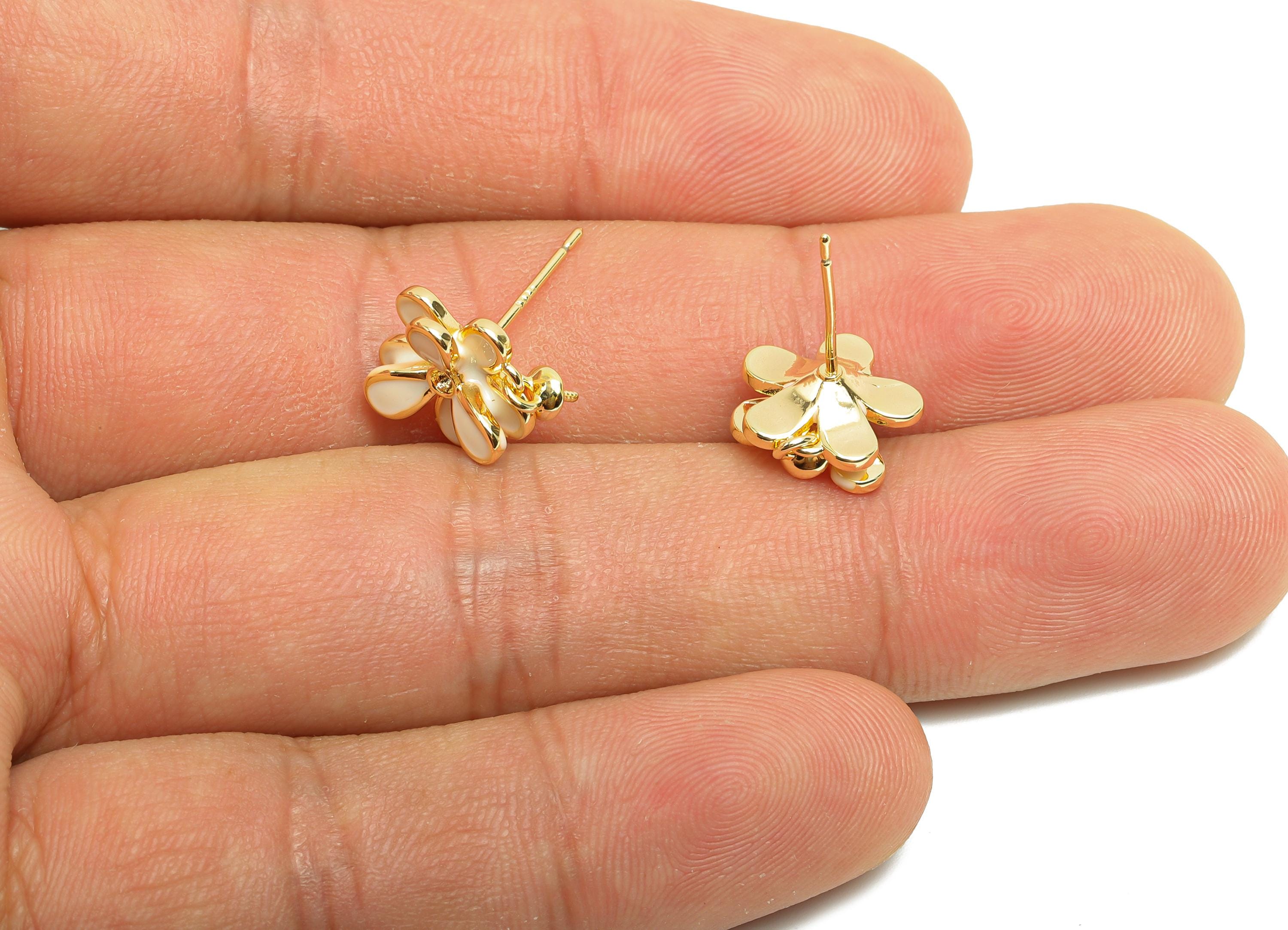 Brass Flower Earring Stud - Brass Enamel Earring Post For Pearl - Gold Jewelry -925 Silver Post - 18K Real Gold Plated - 14x11x4mm -RGP9979 - DOMEDBAZAAR