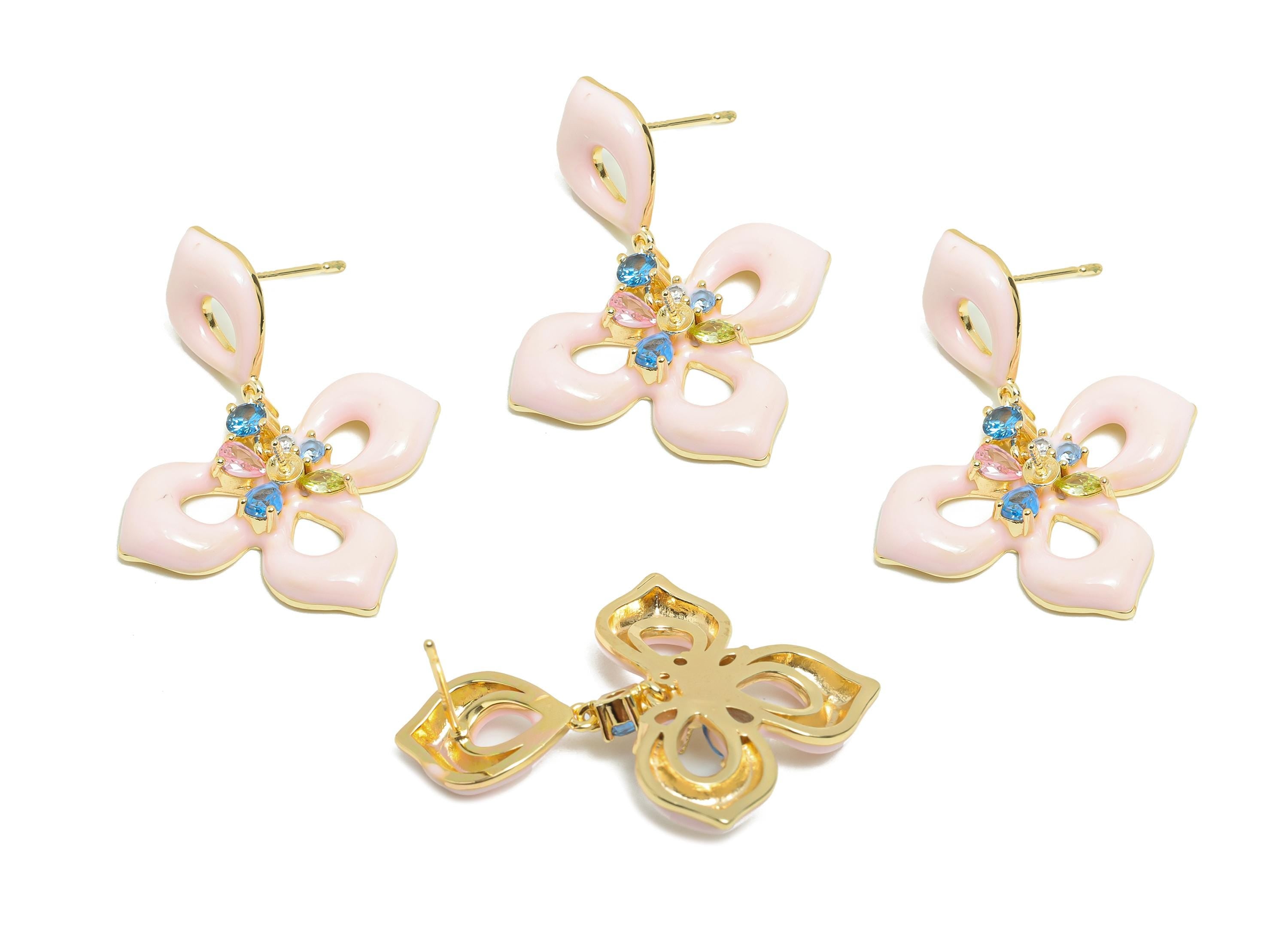 Brass Flower Earring Stud - Rainbow Zircon Enamel Earring Post - Gold Jewelry - Silver Post - 18K Real Gold Plated - 35x26.9x4mm - RGP9970 - DOMEDBAZAAR
