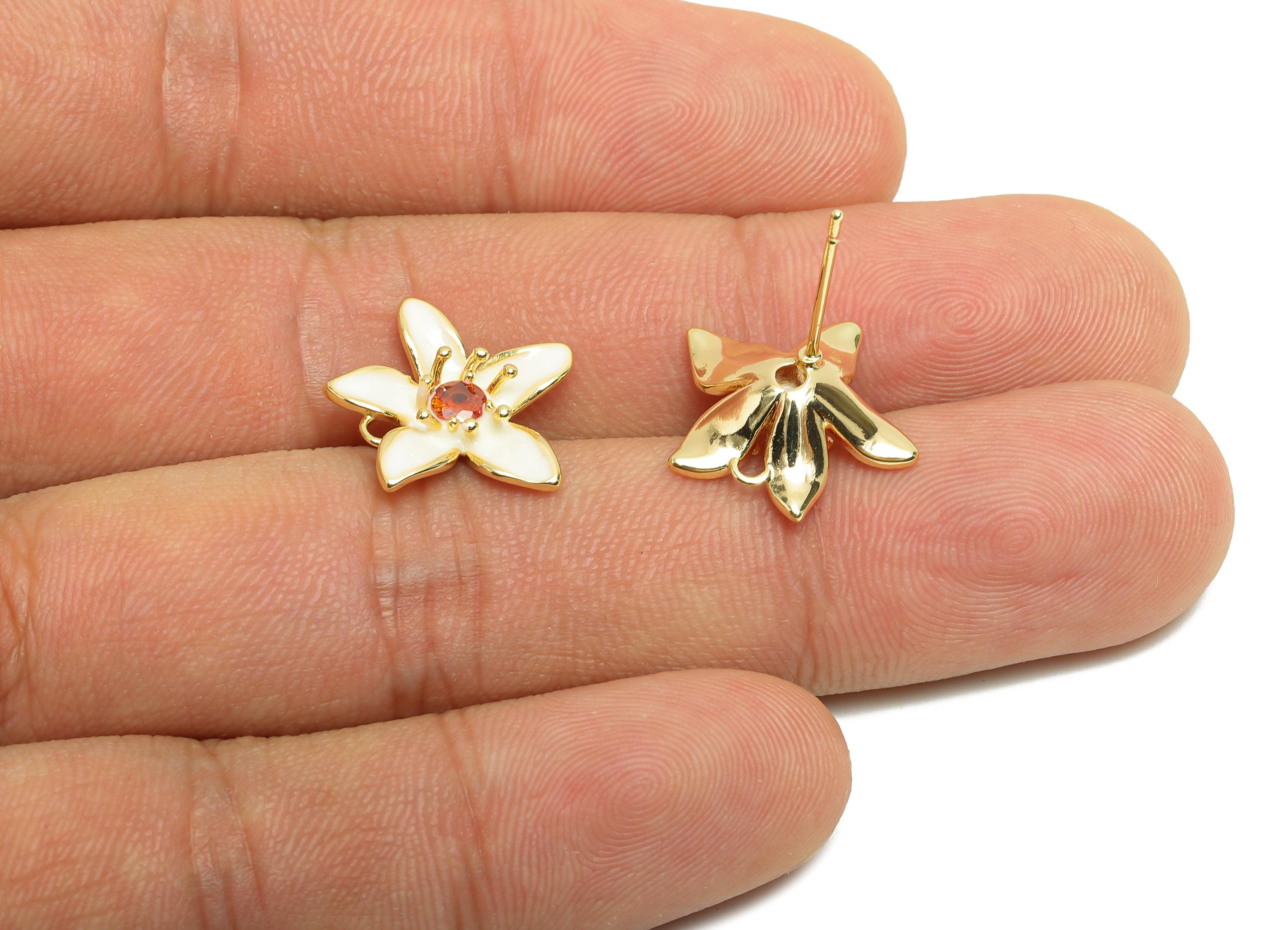 Brass Flower Earring Stud - Brass White Enamel Earring Post - Gold Jewelry - Zircon Earring Post - 18K Real Gold Plated - 15x15x5mm -RGP9993 - DOMEDBAZAAR