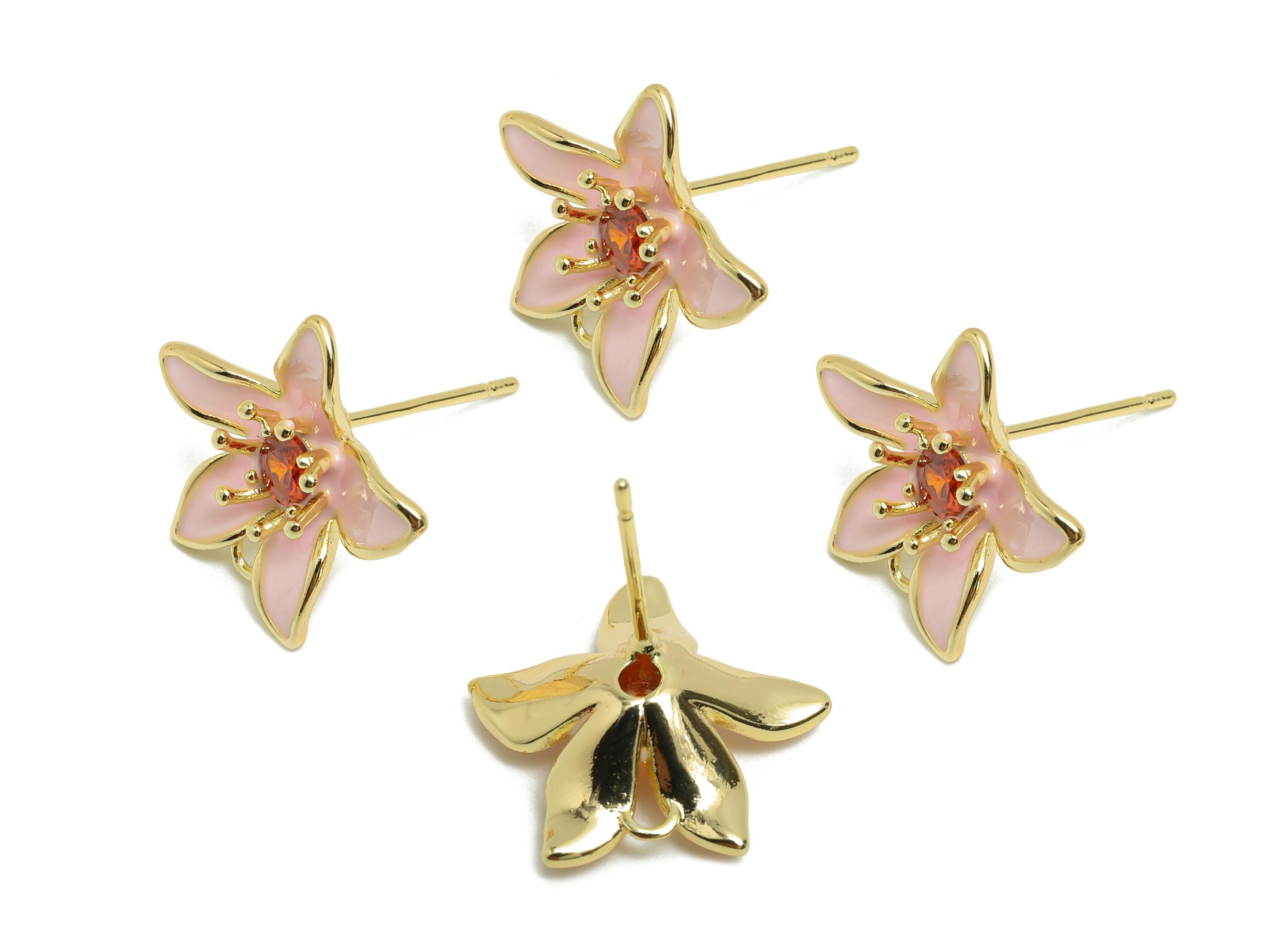 Brass Flower Earring Stud - Brass Pink Enamel Earring Post - Gold Jewelry - Zircon Earring Post - 18K Real Gold Plated - 15x15x5mm - RGP9974 - DOMEDBAZAAR