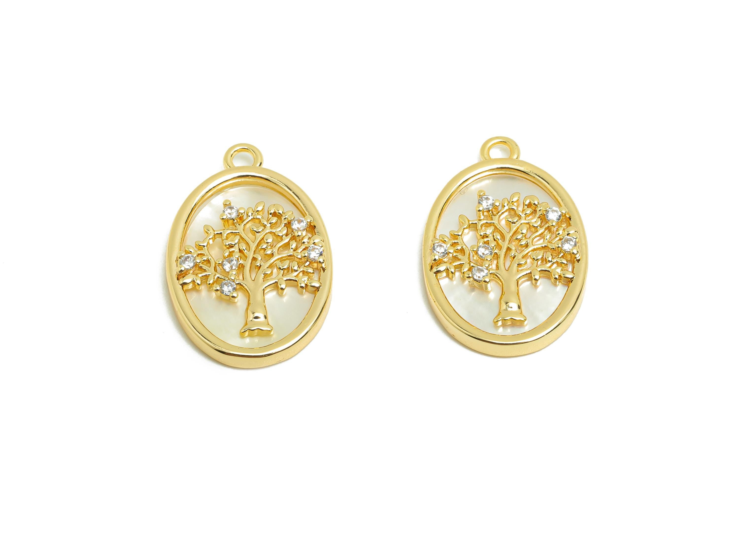 Brass Shell Earring Charm - Brass Cubic Zircon Tree Charm - Vintage Charm - Zircon Pendant - 18K Real Gold Plated - 20x13x2mm- RGP9998 - DOMEDBAZAAR