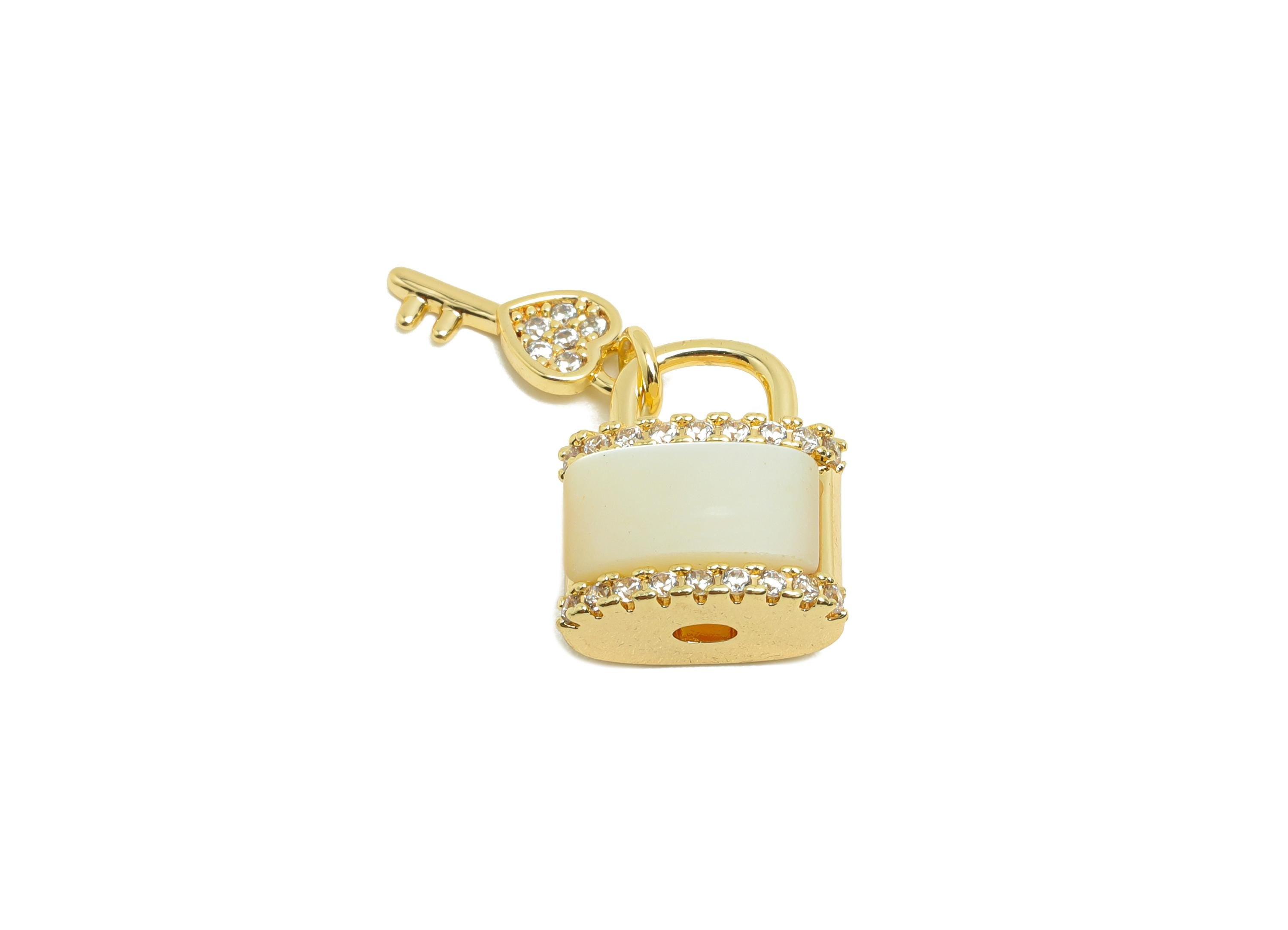 Brass Shell Earring Charm - Brass Lock Key Shell Charm - Vintage Charm - Heart Zircon Pendant - 18K Real Gold Plated - 13x11x6mm - RGP9975 - DOMEDBAZAAR